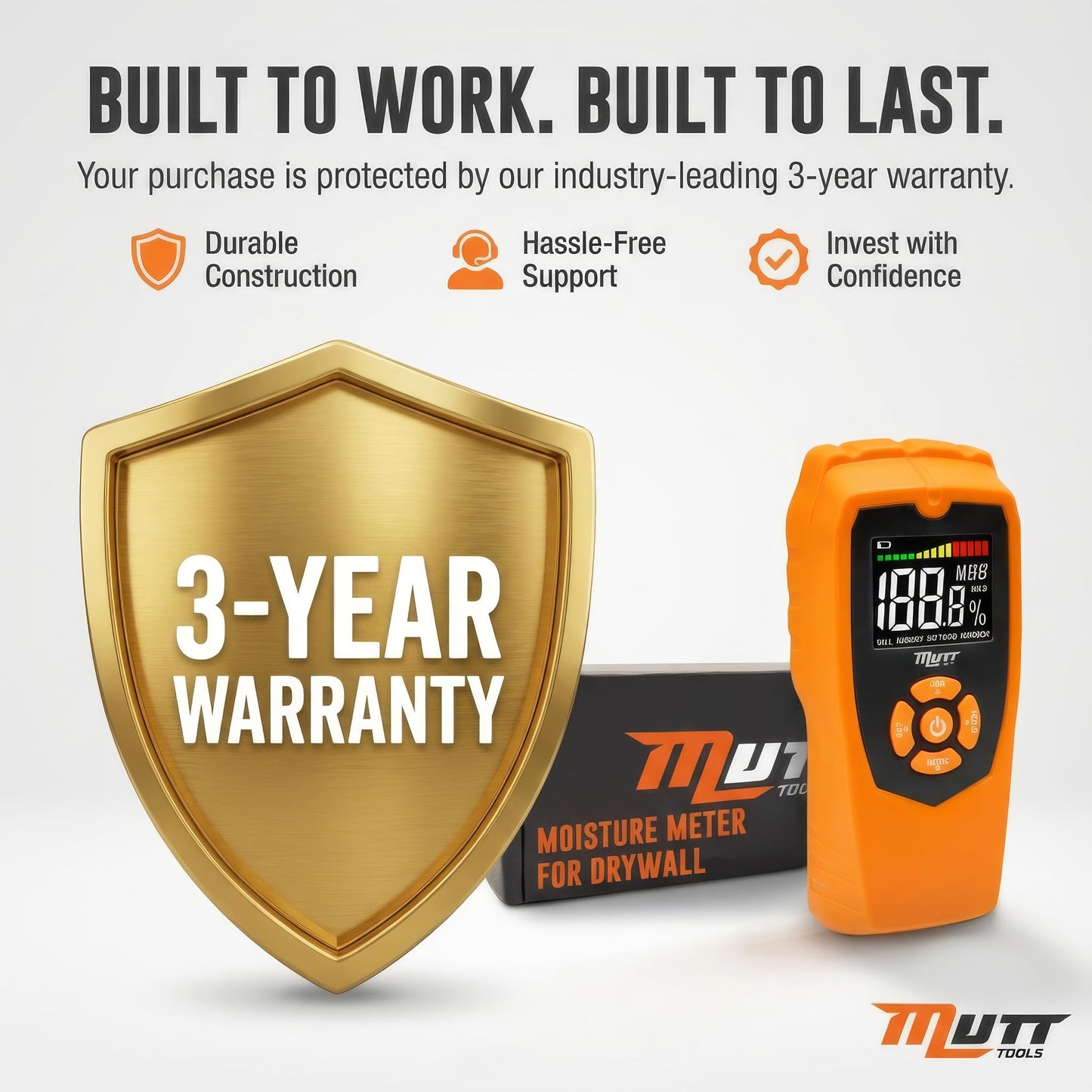 Mutt Tools Pinless Moisture Meter for Drywall – Non-Destructive Wood Moisture Meter for Walls, Wood and Masonry – Detects up to 2 Inches Below the Surface