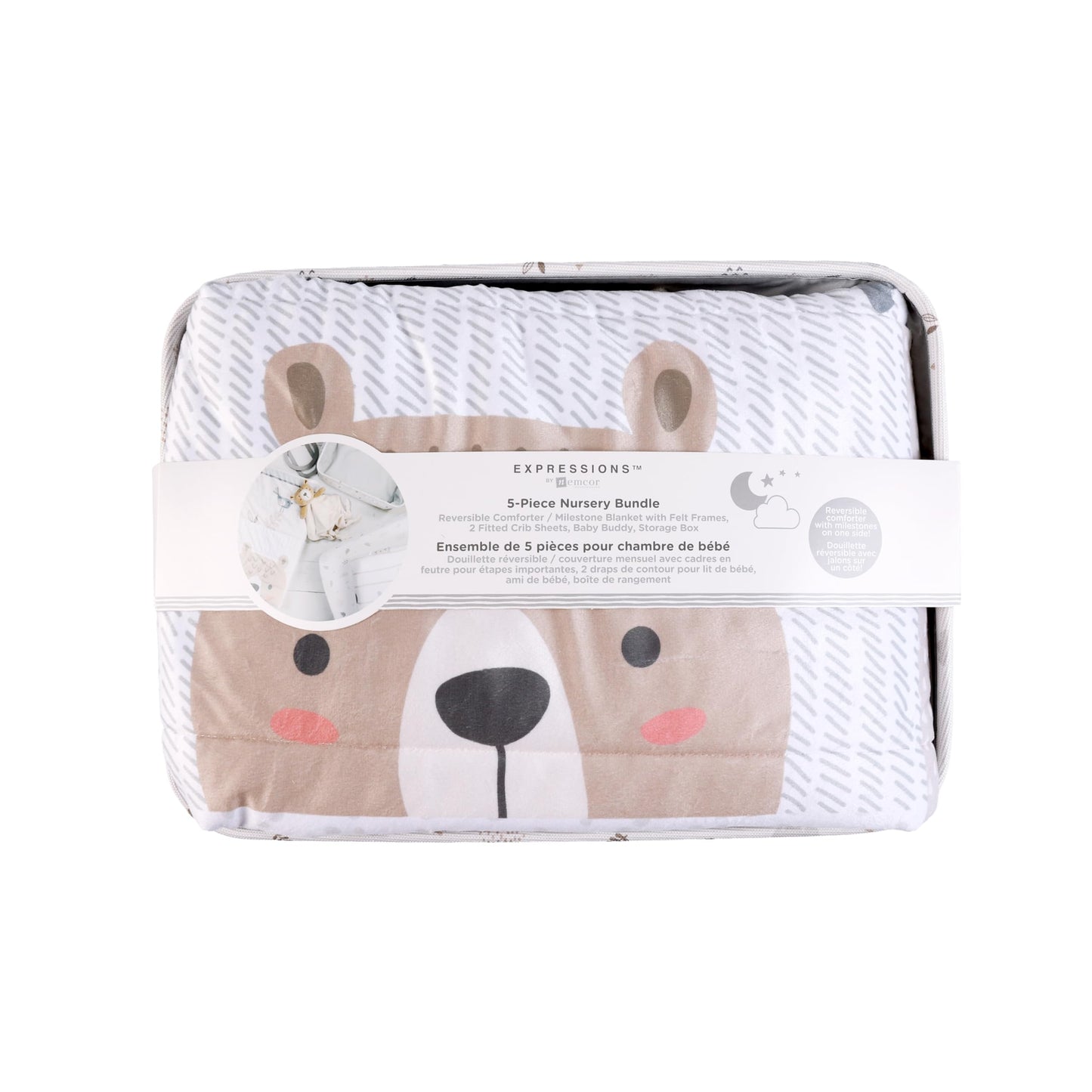 5 Piece Crib Bedding Set, Woodland EXPRESSIONS Includes Reversible Milestone Baby Blanket, 2 Standard Fitted Crib Sheets, Security Blanket & Storage Tote