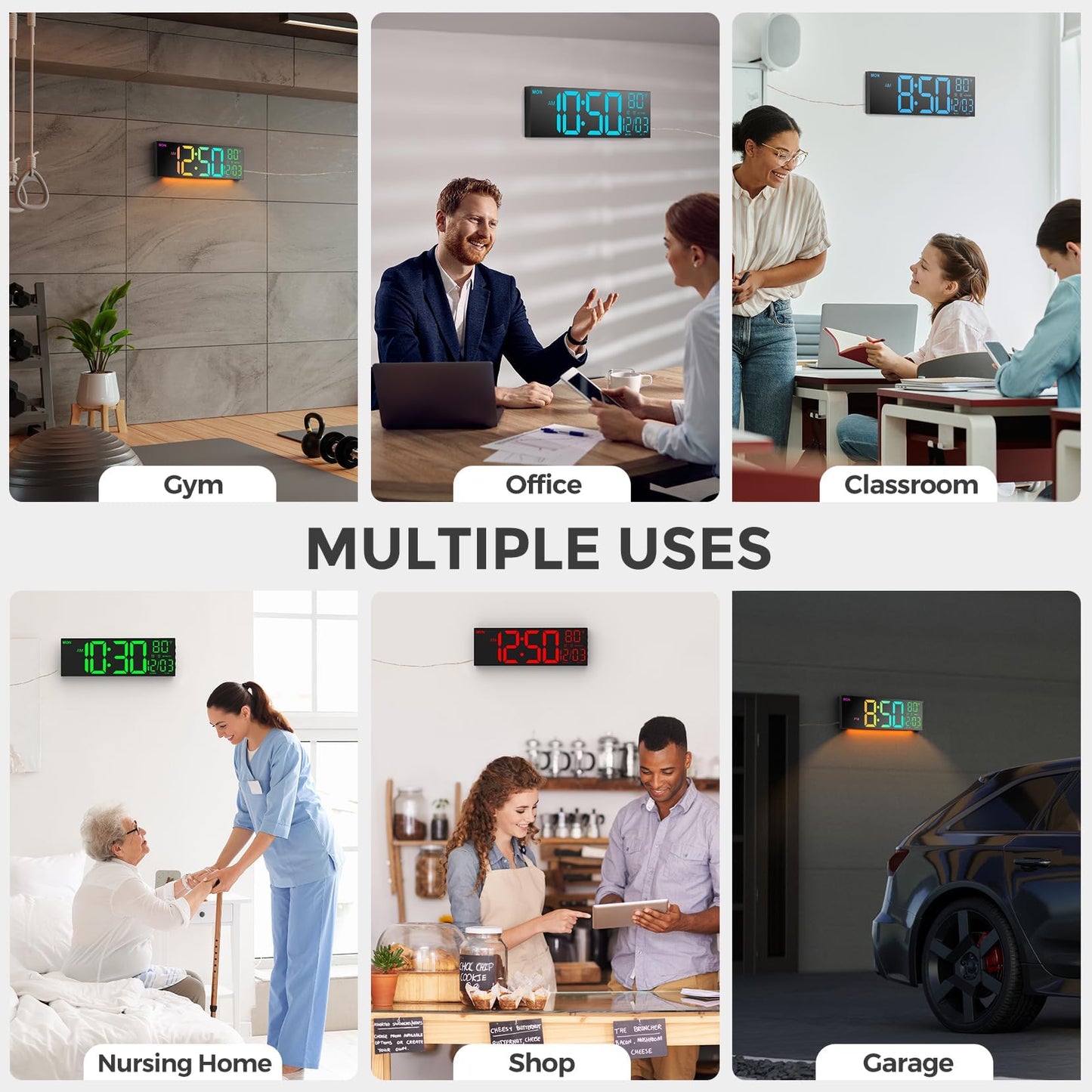 GOLOZA 16" Large Digital Wall Clock, Led Clock with Remote Control, Dual Alarms, 10 Brightness Dimmer, 8 Colors, 5 Volume, Auto DST, ℃/℉, Timer, Alarm Clocks Bedside for Heavy Sleepers