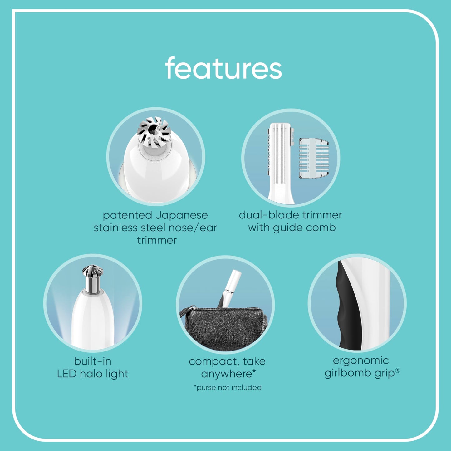 Conair GIRLBOMB Nose Hair Trimmer for Women, Battery-Operated Face Hair Removal for Women, Diamond-Shaped 360° Beveled Blade, LED Light, Packaging May Vary, White