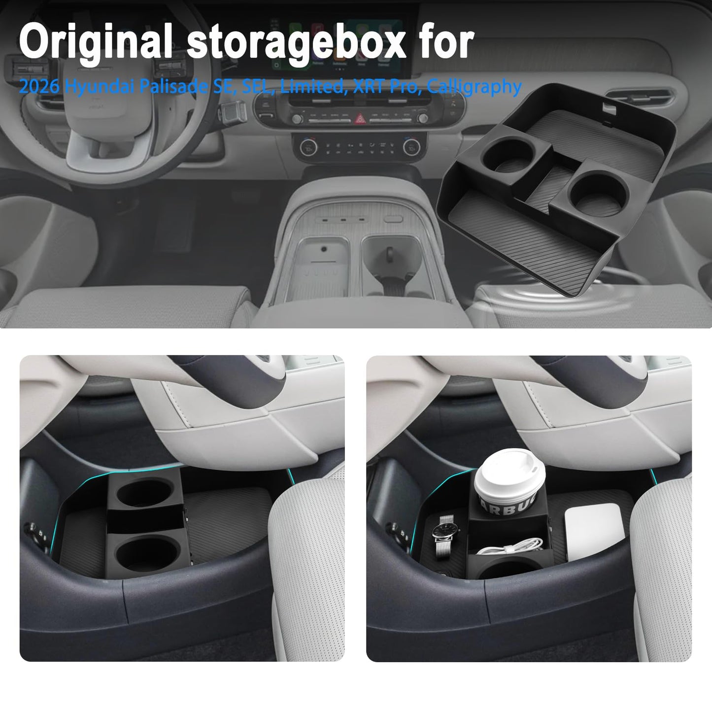 SHAOHAO 3 Pcs for 2026 Hyundai Palisade Center Console Organizer & Lower Organizer for 2026 Hyundai Palisade Calligraphy Accessories Console Tray Pliasade Hybrid Armrest Storage Box (Only for 7-Seat)
