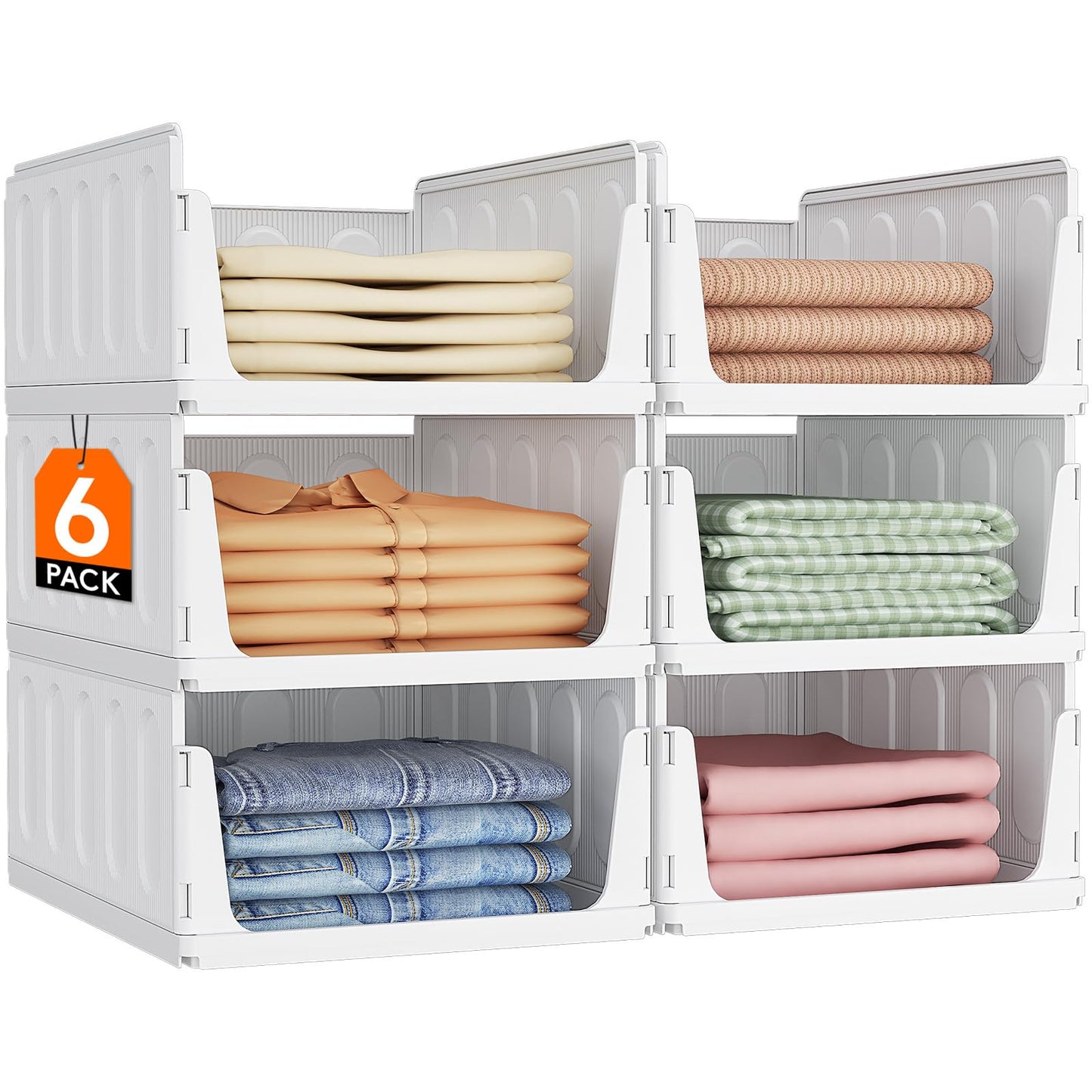 Lifewit 6 Pack Closet Organizers, Plastic Stackable Storage Bins for Clothes, Closet Organizers and Storage, Drawer Organizer for Wardrobe, Dorm, Bathroom, Kitchen, Office