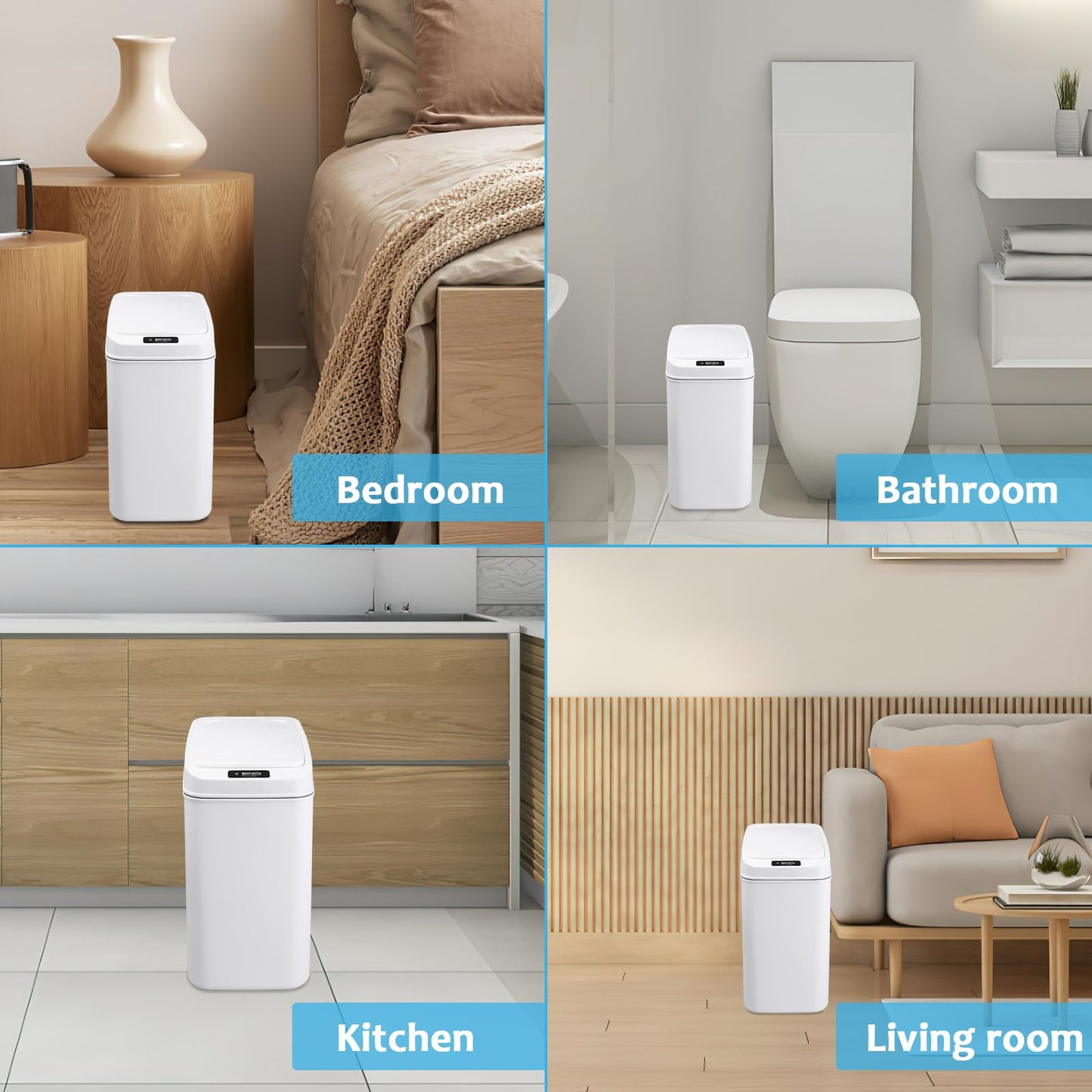 3 Pack Bathroom Trash Can with Lid Touchless Automatic Garbage Can 2.6 Gallon Slim Waterproof Motion Sensor Smart Trash Can Small Plastic Trash Bin for Kitchen Office Living Room Toilet Bedroom White