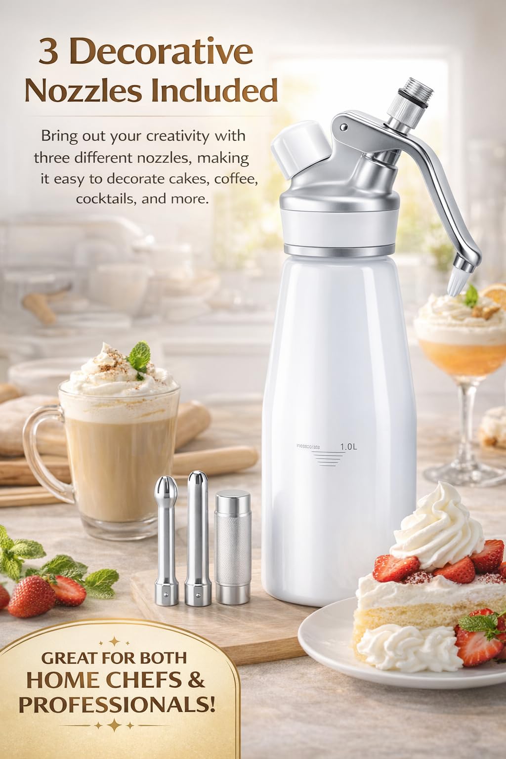 Whipped Cream Dispenser–Double Wall Insulated Aluminum Water Bottle with Stainless Steel 3 Nozzles, Extra-Large Capacity Whipping Cream Maker for Desserts, Coffee, Cocktails More