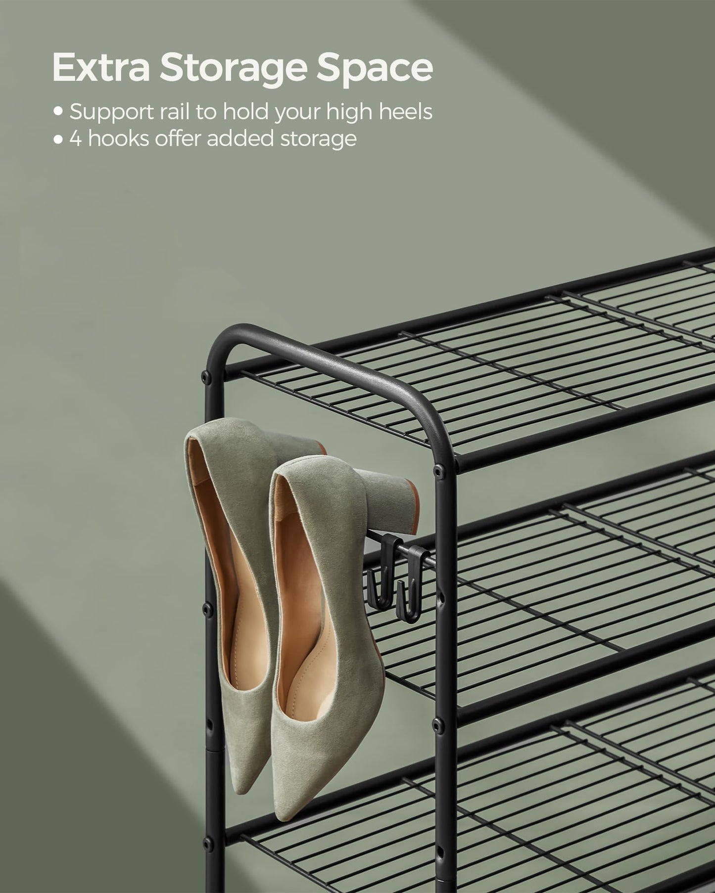 SONGMICS Shoe Rack, 4-Tier Shoe Organizer, Metal Shoe Shelf Storage with 4 Side Hooks, Holds 16 Pairs of Shoes, Height-Adjustable Shoe Rack for Entryway, Hallway, Closet, Easy Assembly, Ink Black
