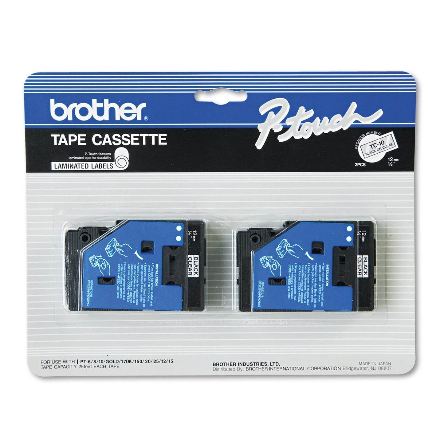 2-Pack TC-10 1/2in Black On Clear Tape for Brother PT-6 8 10 12 15 20 150 170