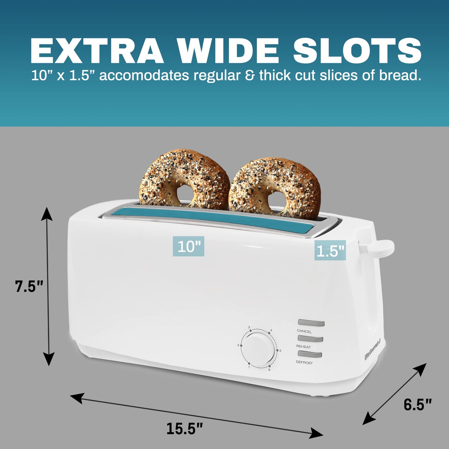 Maxi-Matic ECT-4829 Long Cool Touch 4-Slice Toaster with Extra Wide 1.25" Slots for Bagels, Waffles and Specialty Breads, CANCEL, Reheat, Defrost 6 Shade Settings, White