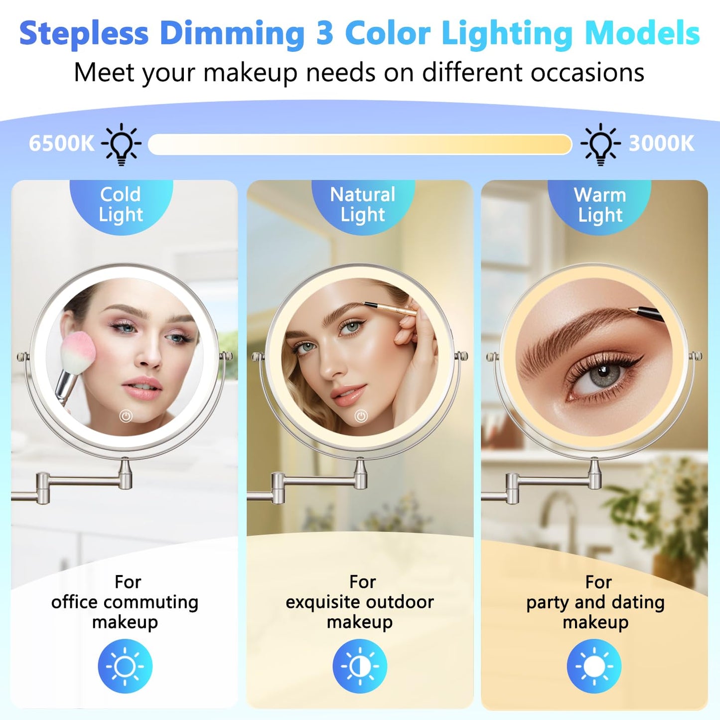 9" Wall Mounted Lighted Makeup Mirror, Rechargeable 1X/15X Magnifying Mirror with Light Double Sided, 3 Color Lights Dimmable 360 Rotation Shaving Light up Mirror with Hook, Nickel