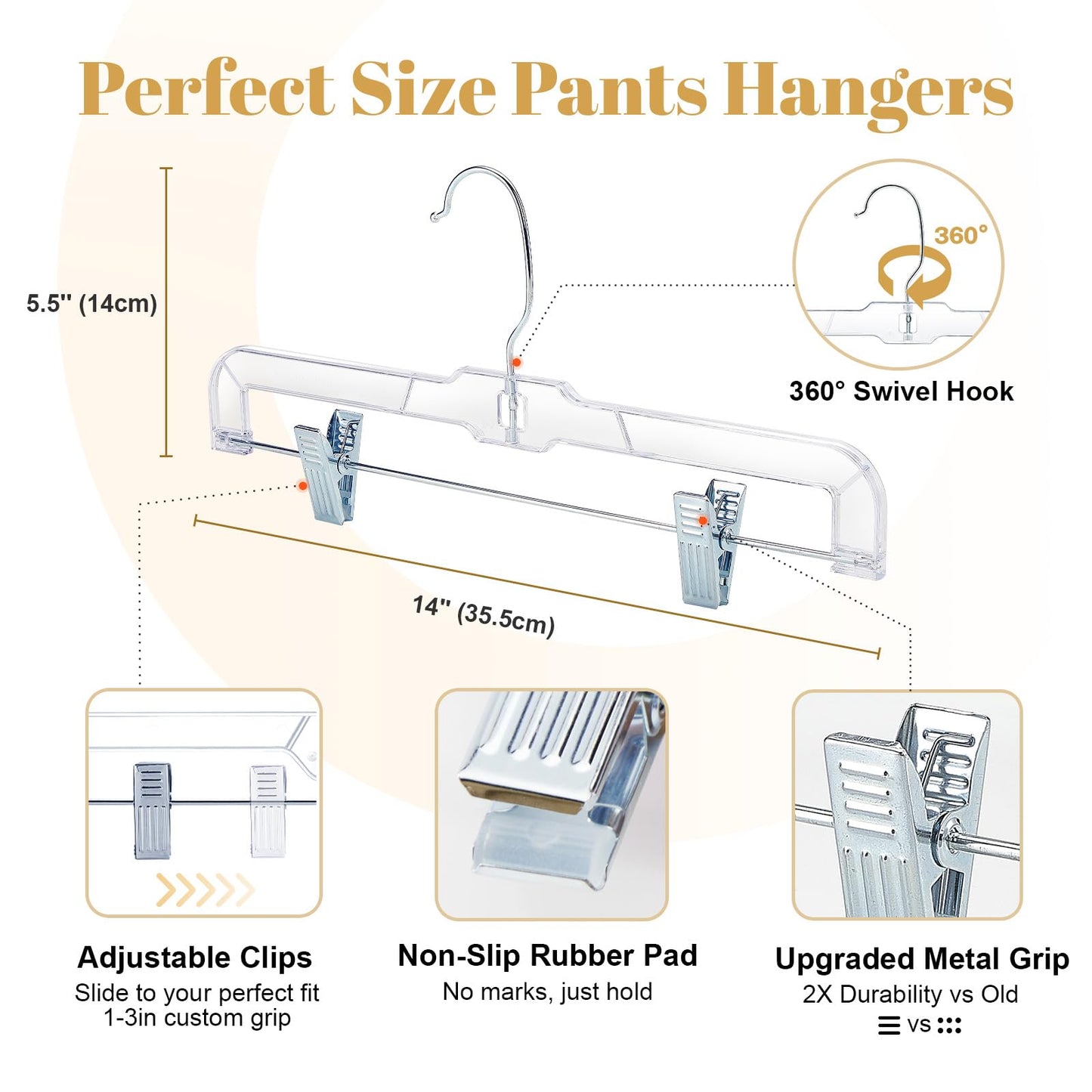 House Day Clear Skirt Hangers with Clips, Non-Slip Pants Hangers for Closet, Clip Hanger for Pant, Skirts, Shorts, 14'' Clear Plastic Hanger, Pack of 25
