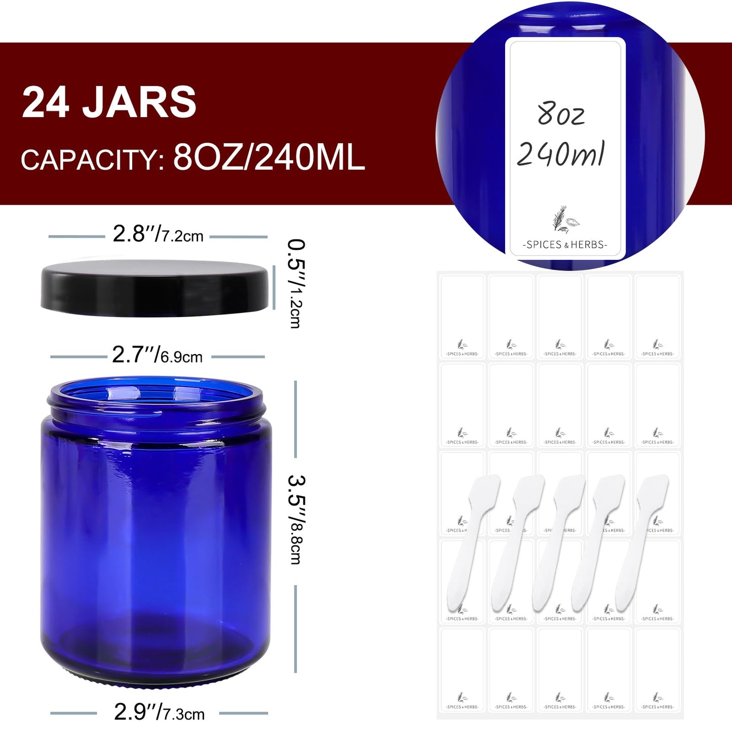 Betrome 8 oz Blue Glass Jars with Black Plastic Lids, 24 Pack Round Empty Cosmetic Jars for Beauty Items, Craft, Office Materials