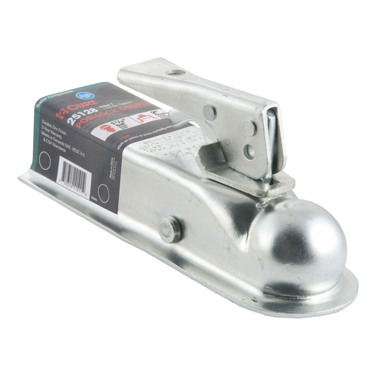 CURT 25128 Straight Tongue Trailer Coupler for 2-Inch Channel, 1-7/8-In Hitch Ball, 2,000 lbs