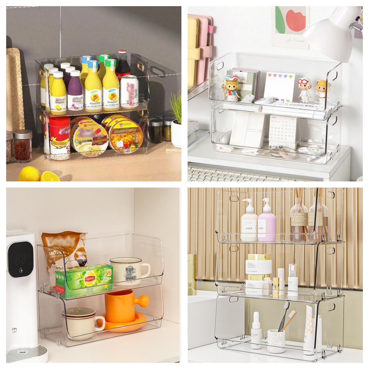 Nicunom 2 Pack Stackable Plastic Storage Bins Open Front, Clear Pantry Organizer Bin Household Food Storage Bin for Kitchen Countertops Cabinet Shelf Fridge