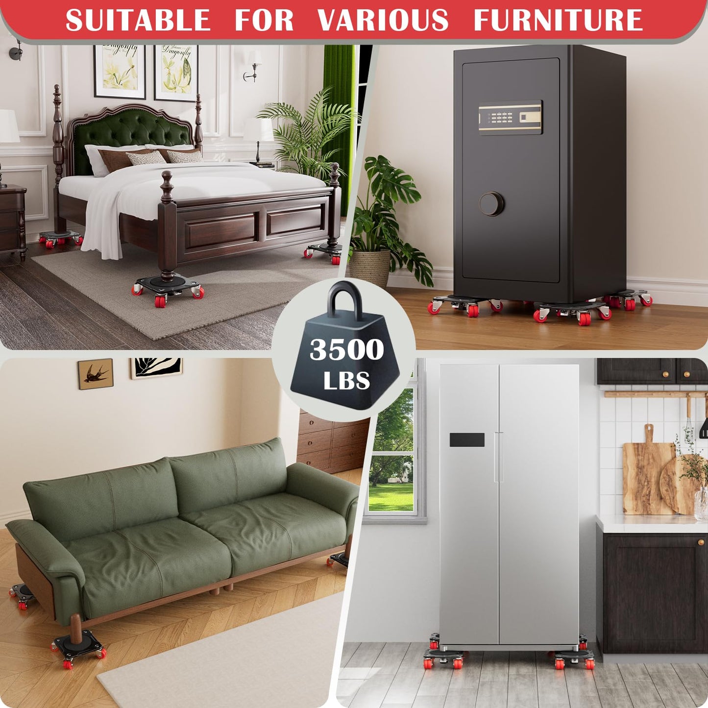 EZ 2MOVE Heavy Duty Furniture Movers with 8 Wheels, Dual-Wheel Caster Square Dollies with Furniture Lifter and Base, 360° Swivel Casters, Non-Slip Pads, Up to 3500 lbs Load Capacity