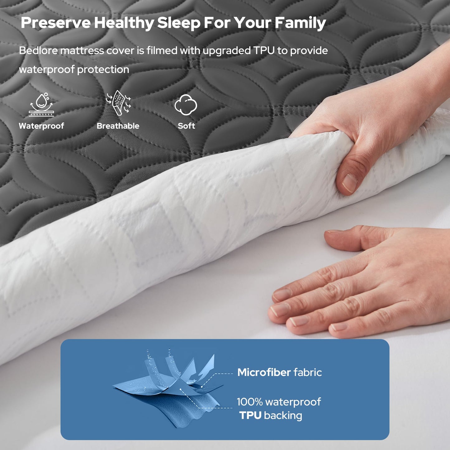 BEDLORE Waterproof Mattress Protector, King Size Mattress Pad with Deep Pocket 6"-21" Depth, Soft & Noiseless Dirt-Proof Bed Mattress Cover Washable for Home, Bedroom, Hotel (Gray)