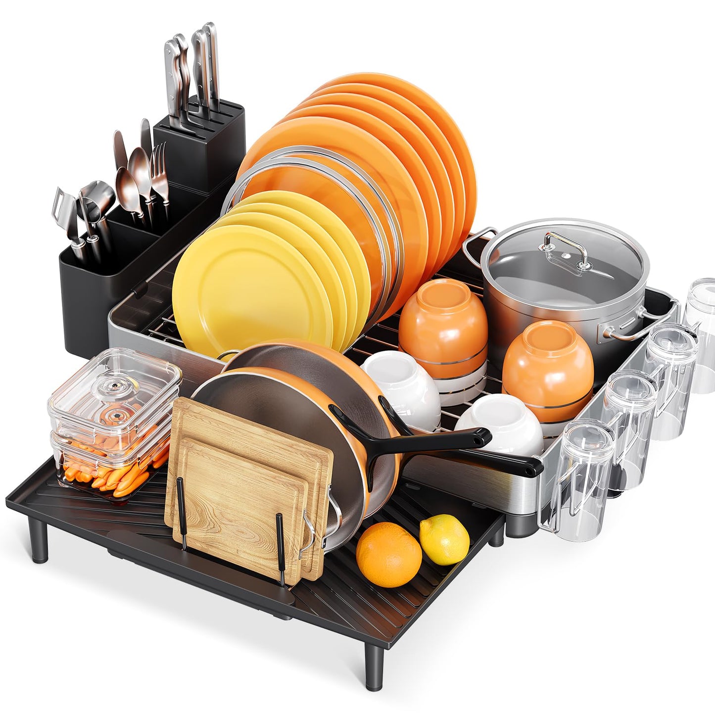 Expandable Dish Rack with Drainboard - Stainless Steel Dish Drainer with Removable Cutlery Tray, Foldable Cup Holder, Elevated Feet, Multifunctional Drainboard for Sink Countertop Kitchen Storage