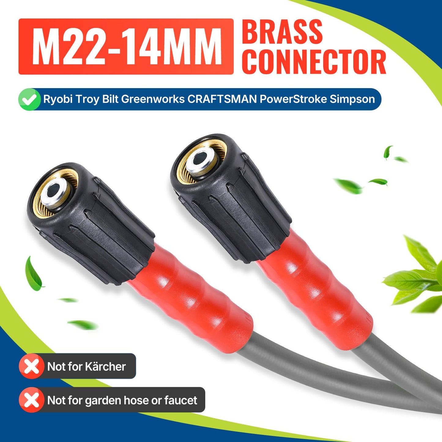 YAMATIC Super Flexible Pressure Washer Hose 50 FT X 1/4" 3200 PSI, Kink Resistant, Heavy Duty Power Washer Replacement Hose with M22-14mm x 3/8" Quick Connect