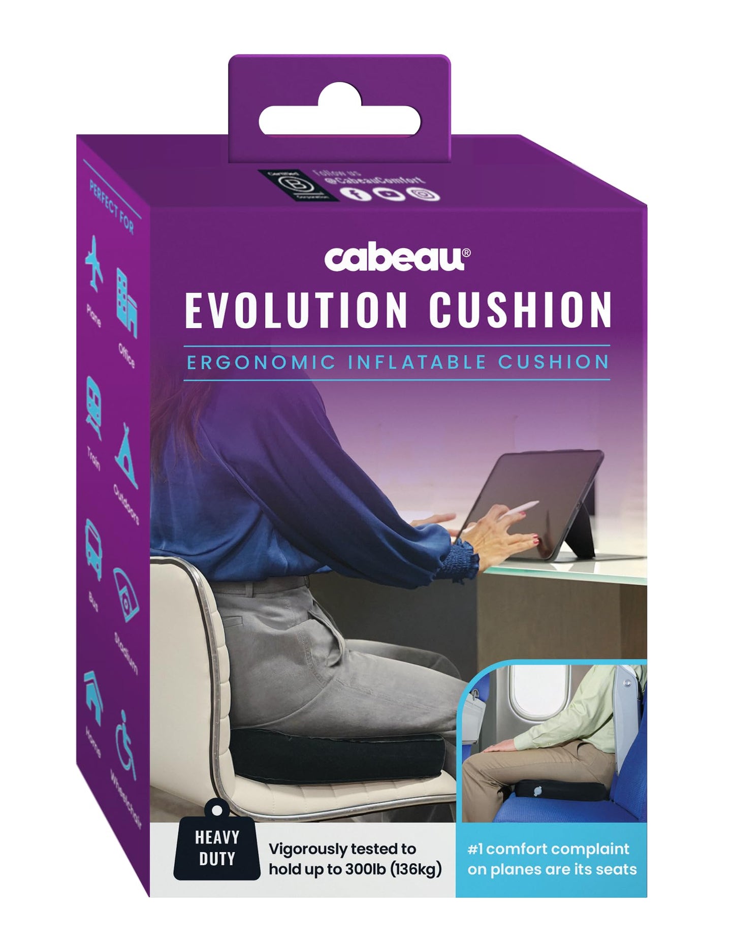 Cabeau Evolution Cushion Portable & Lightweight Inflatable Seat Cushion - Ideal for Office Chairs, School Bleachers, Stadium Seats, and Wheelchairs - Comfort on The Go, Black