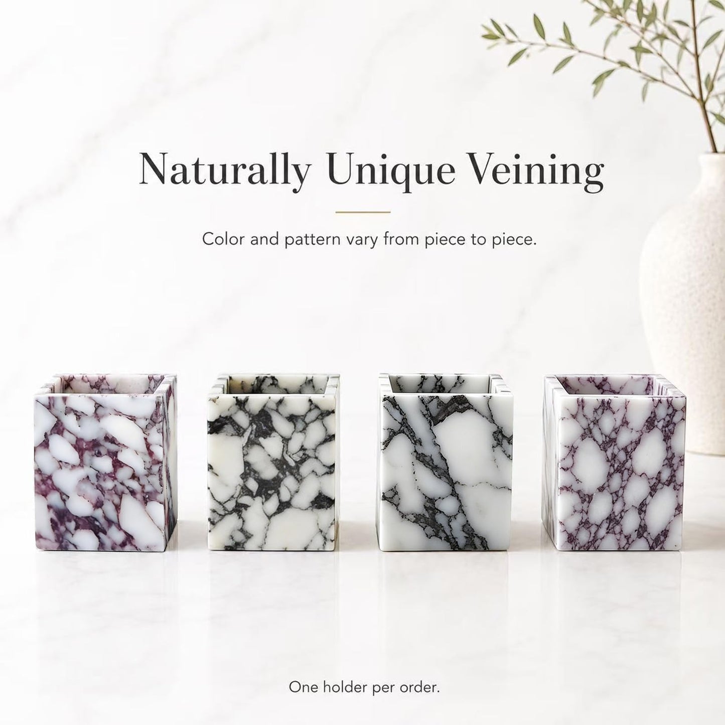 Artisanal Abode Marble Pen Holder, Natural White Marble Pencil Cup and Square Desktop Organizer for Pens, Makeup Brushes, Toothbrushes, Office Supplies, Vanity and Bathroom Counter