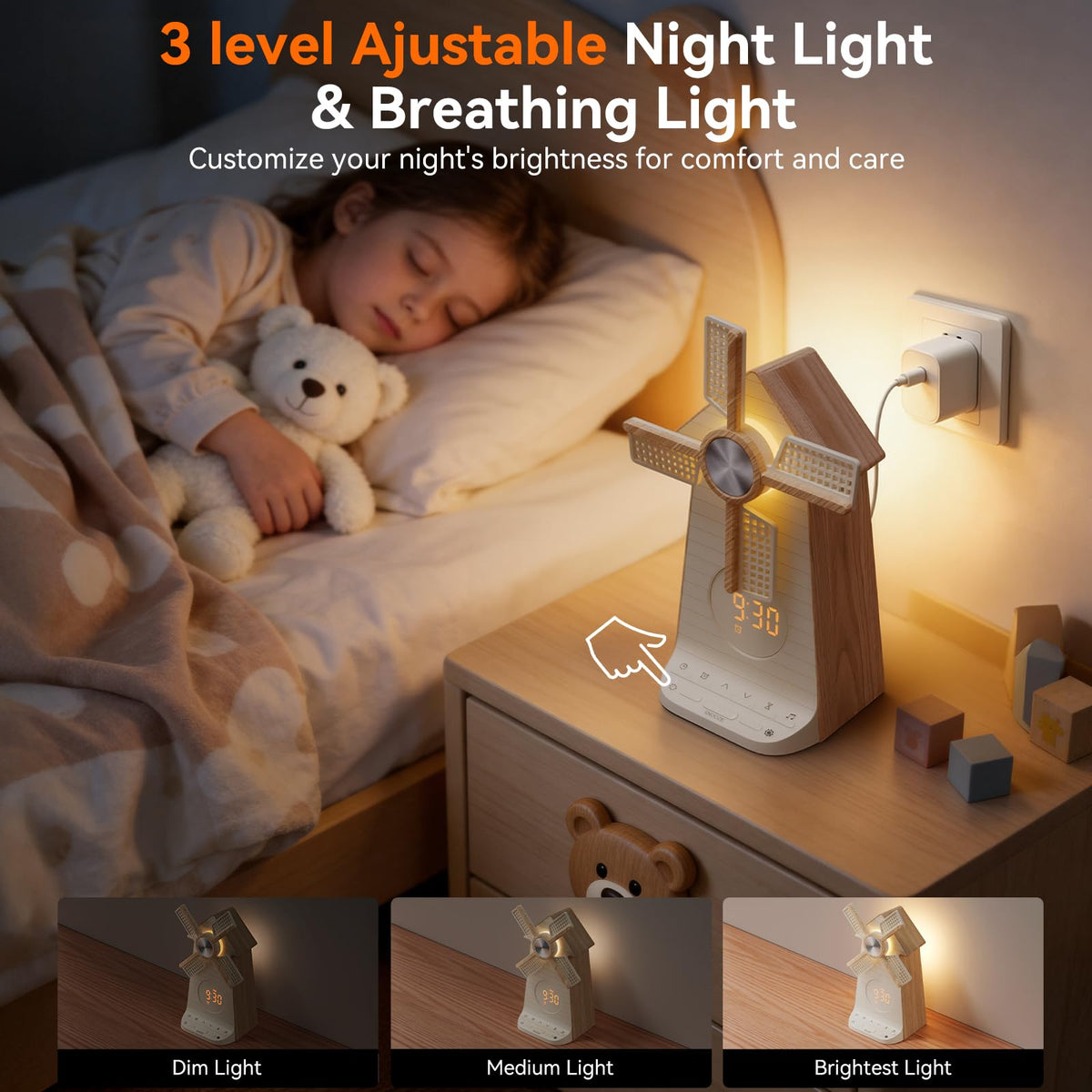 RETEYUNG Alarm Clock with Rotating Windmill,Sound Machine with Wake up Light,Snooze,10 Nature Sounds & 10 White Noises,15 Ringtones,USB Charging,4-Tier Dimmer,12 Volume,30/60/90 Timer for Kids Adults