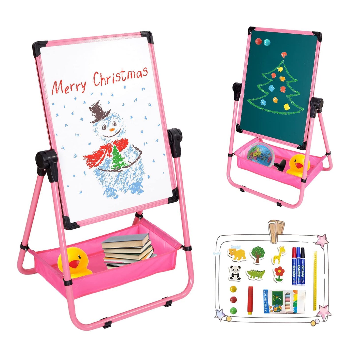 Kids Art Easel Double Sided Whiteboard &Chalkboard Height Adjustable U-Stand 360° Rotating Design (Pink)
