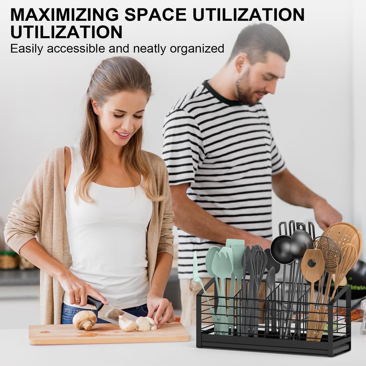 PENGARO Extra Large Utensil Holder for Kitchen Counter, Kitchen Cooking Utensil Holder Organizer with Drying Diatomaceous Earth Base, Cooking Tools Utensil Crock Storage for Countertop, 4 Compartments