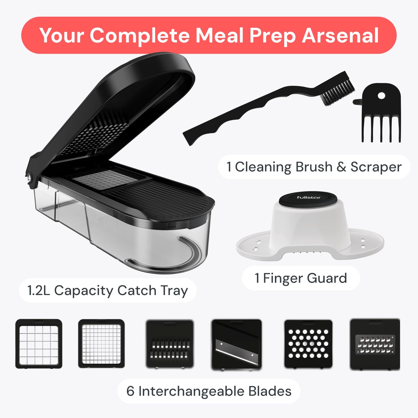 Fullstar Vegetable Chopper & Mandoline Slicer - Julienne Cutter Dicer Grater for Food Veggie Onion Cucumber Tomato Salad Potato Cheese - Kitchen Essentials & Gadgets (Compact 6-in-1, Black)