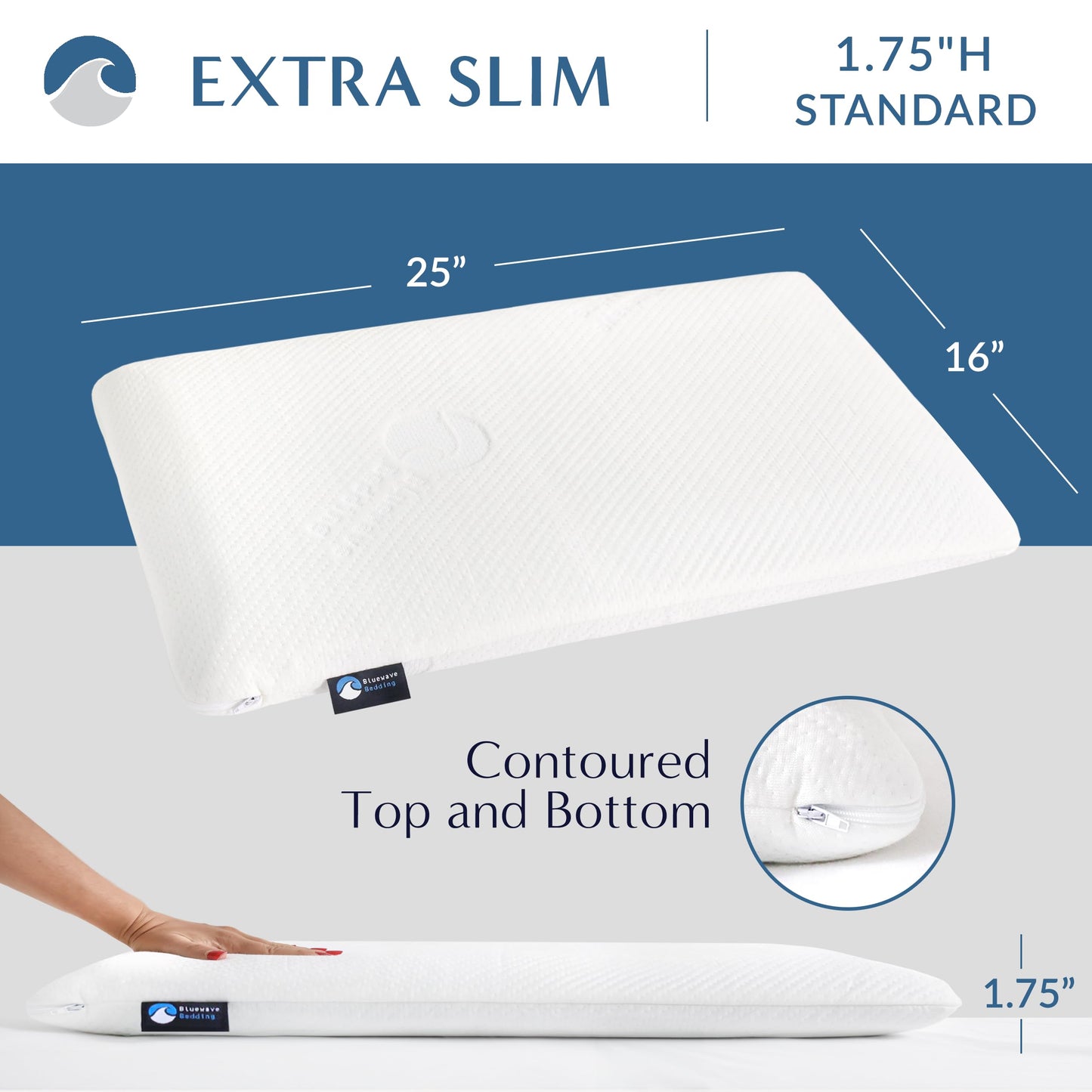 Bluewave Bedding Extra Slim Gel Memory Foam Pillow for Stomach and Back Sleepers - Thin, Flat Design for Deeper Sleep (4.5cm Height, Standard Size)