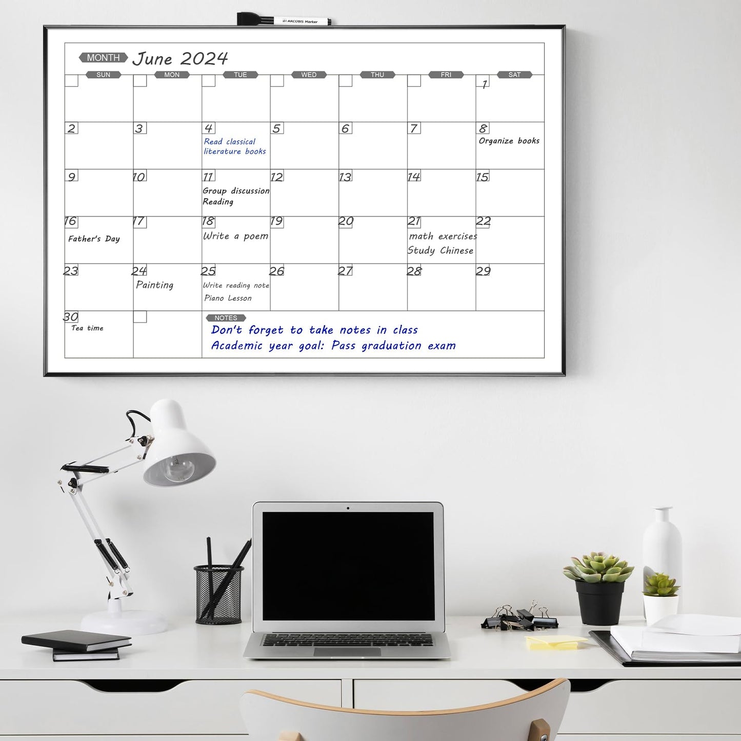 ARCOBIS Dry Erase Calendar for Wall, 36" x 24" Magnetic Monthly White Board Calendar Dry Erase, Hanging Whiteboard Planner for School, Home, Office, Black Frame