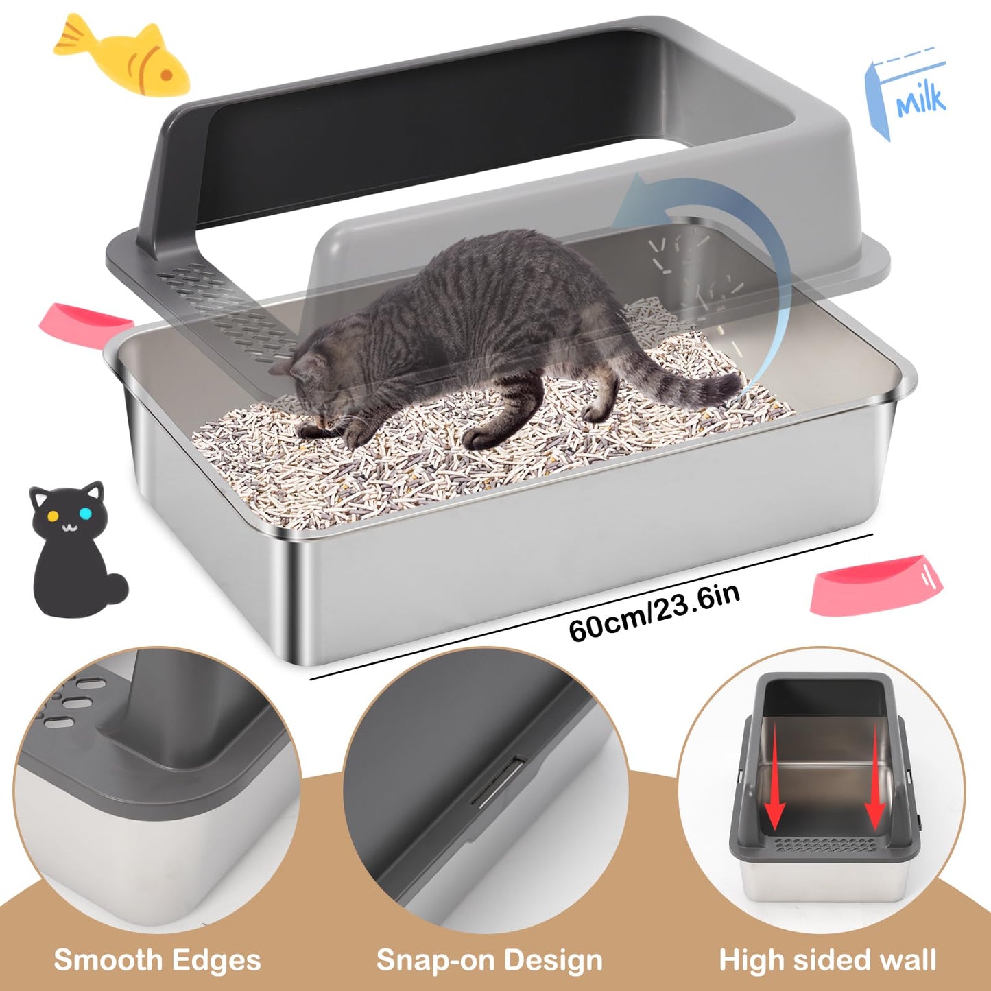 2 Pack Stainless Steel Open Cat Litter Box, Large Cat Litter Tray for Big Cats, 24" L x 16" W x 9.8" H, Metal Litter Box High Sided, Easy Cleaning, Include Scoop (Dark Gray)