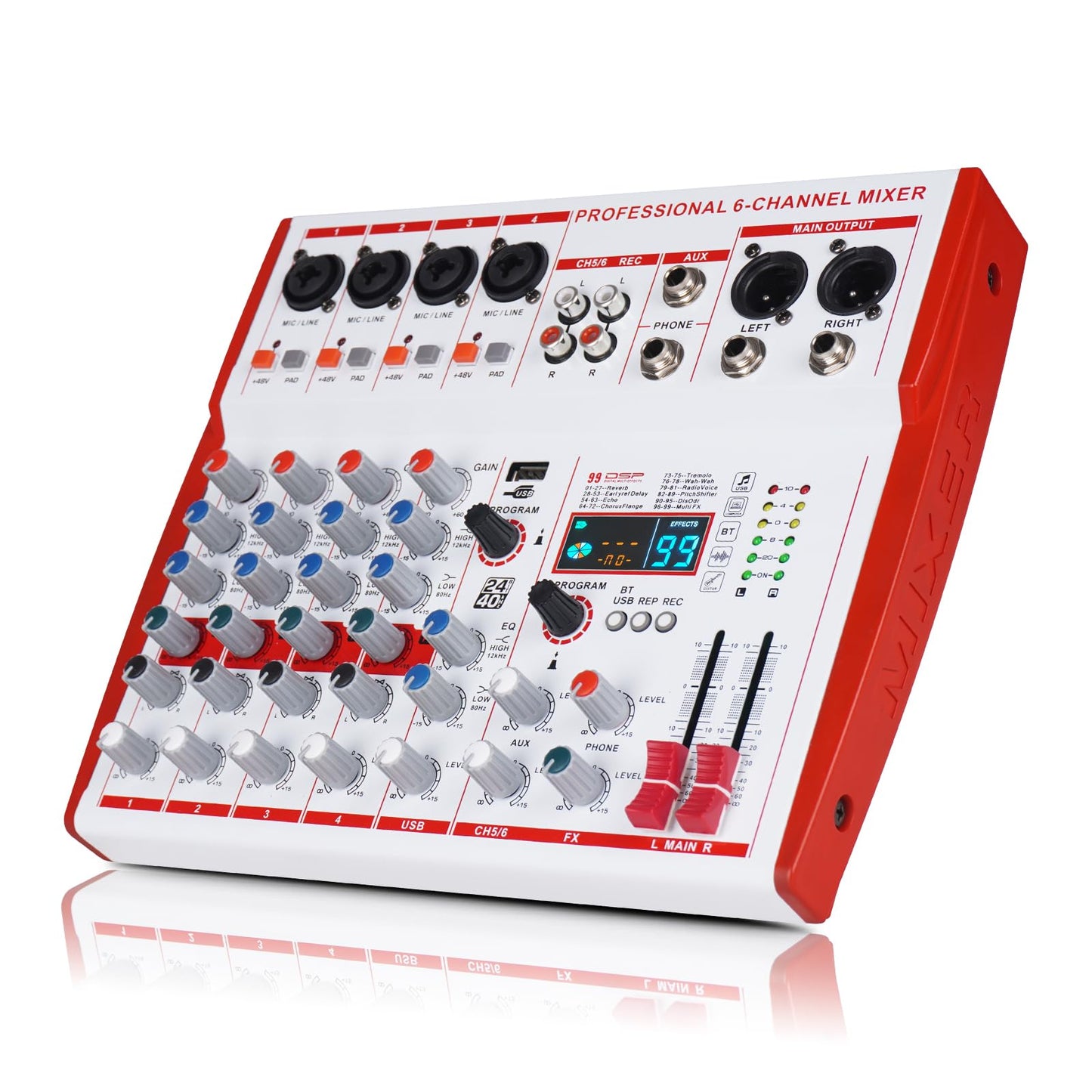 Yamnweo MW-6 6 Channel Professional DJ Audio Mixer, Portable Controller Mixer with DSP 99 Preset Effects for Live Streaming, Podcasting, Home Party (Red White)