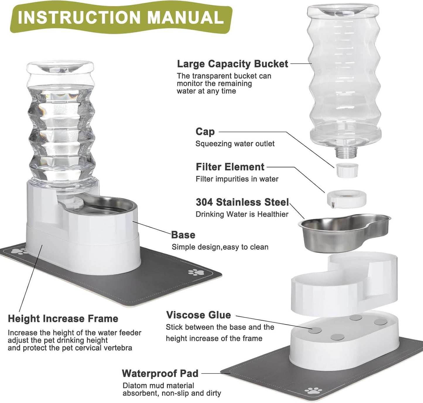 RIZZARI Automatic 9L Gravitational Pet Waterer,100% BPA-Free, Stainless Steel Water Dispenser for Cats and Small and Medium-Sized Dogs