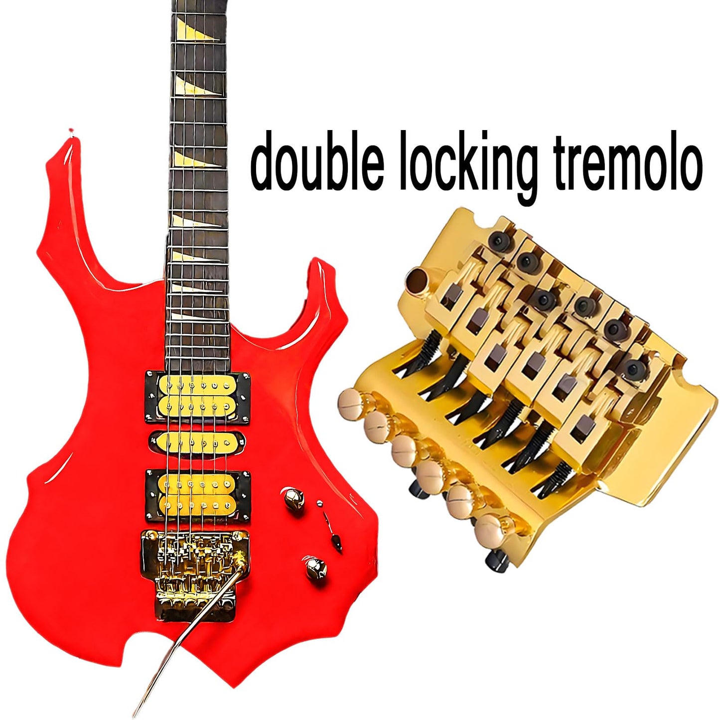 Double Locking Tremolo Bridge System with Arm - Compatible with Floyd Rose & Strat Replacement| Chrome Upgrade Kit for Electric Guitars (Gold)