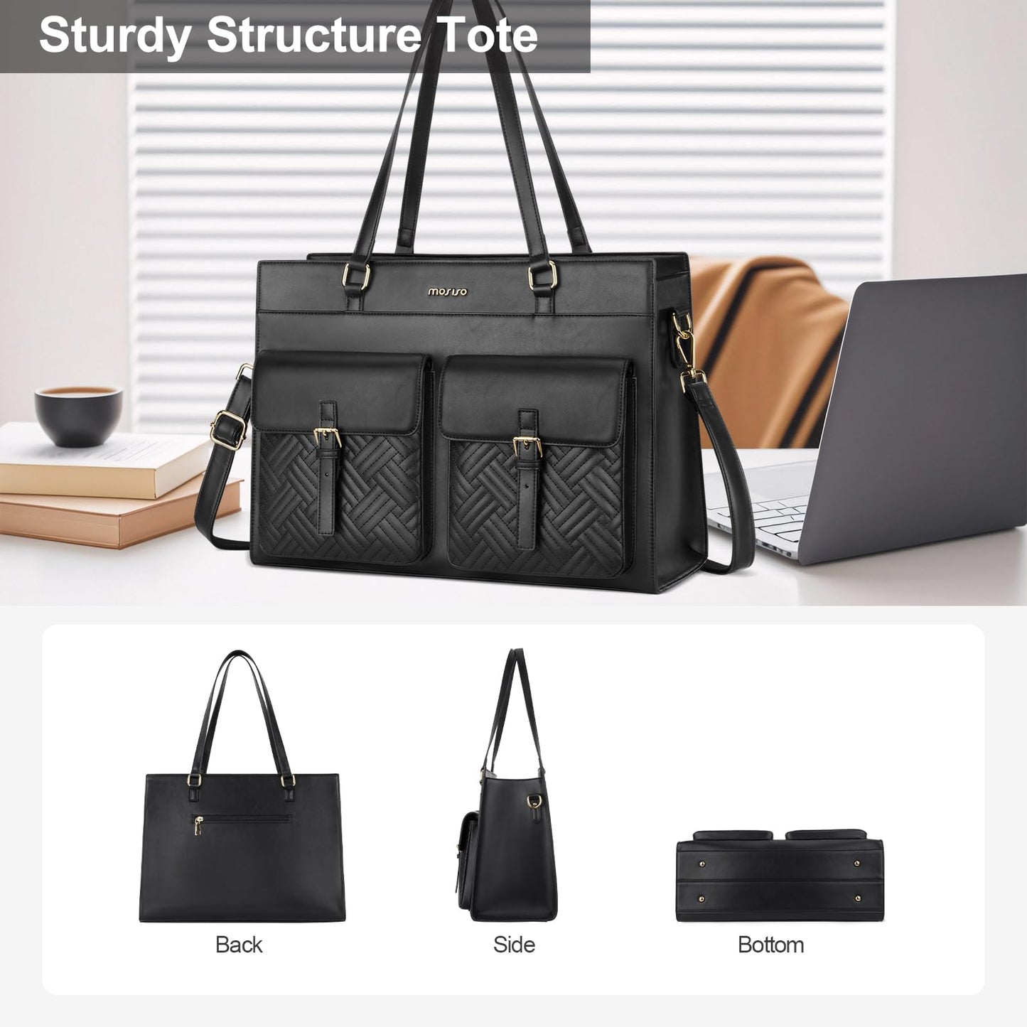 MOSISO Laptop Tote Bag for Women, 15.6 inch PU Leather Tote Crossbody Handbag with 2 Front Flapover Pockets, Large Capacity Waterproof Shoulder Computer Bags for Teacher College Work Business, Black