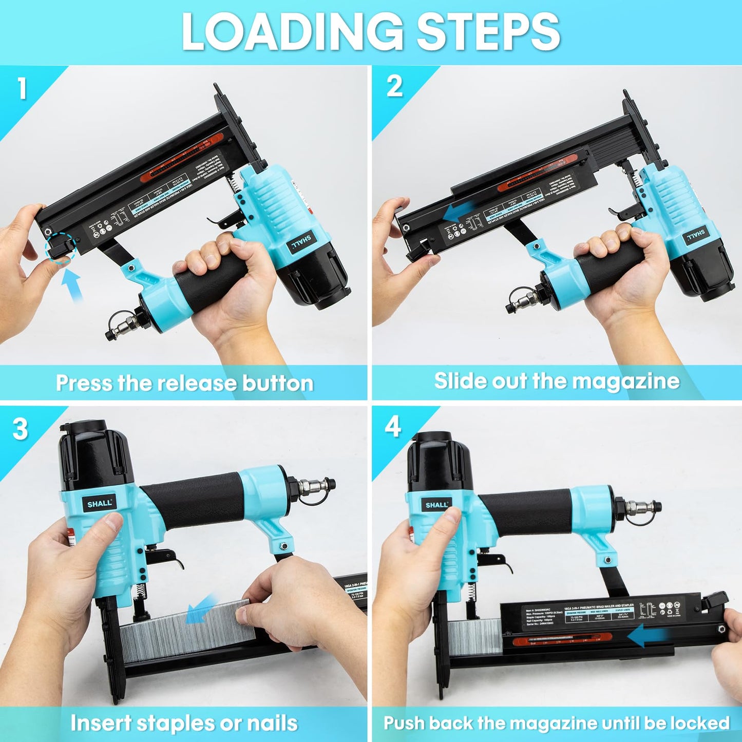 SHALL 18 Gauge Pneumatic Brad Nailer, 2 in 1, 18 GA Air Nail Gun and Crown Stapler, 800 Counts Brad Nails (1", 2") and Narrow Crown Staples (1", 1-1/2") Included, for DIY Project, Upholstery
