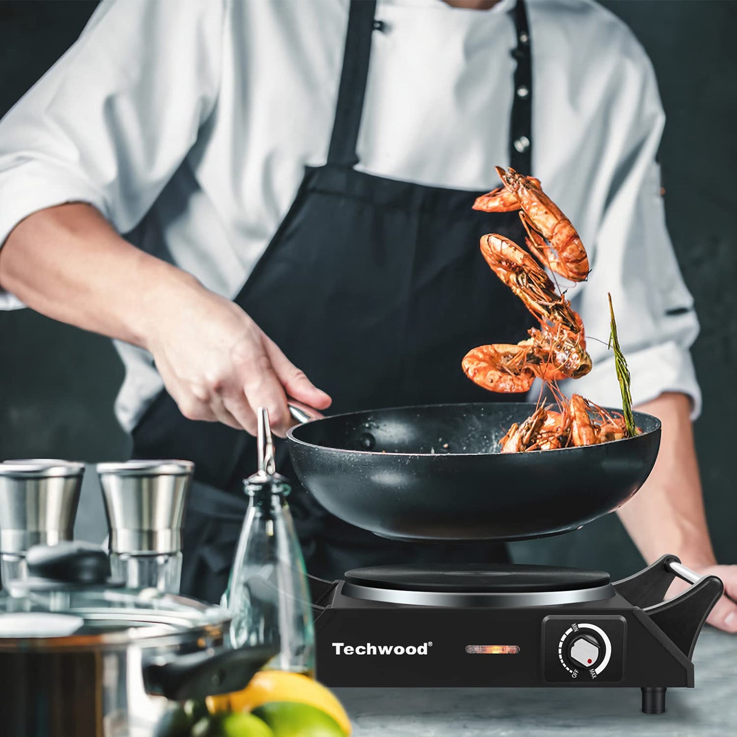 Techwood Hot Plate Electric Single Burner Portable Burner, 1500W with Adjustable Temperature, Stay Cool Handles, Non-Slip Rubber Feet, Black Stainless Steel Easy to Clean, Upgraded Version