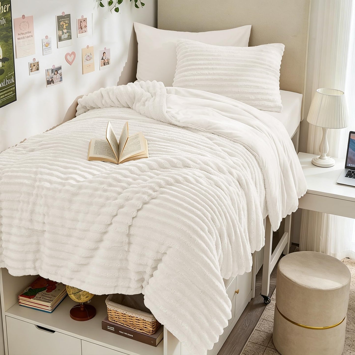 Sasttie Fluffy Comforter Set Twin/Twin-XL 2 Pieces - Super Soft & Fuzzy Cream White Comforter for Winter Warm Fleece Bedding, 1 Luxury Heavy Faux Fur Down Alternative Comforter with 1 Pillow Case