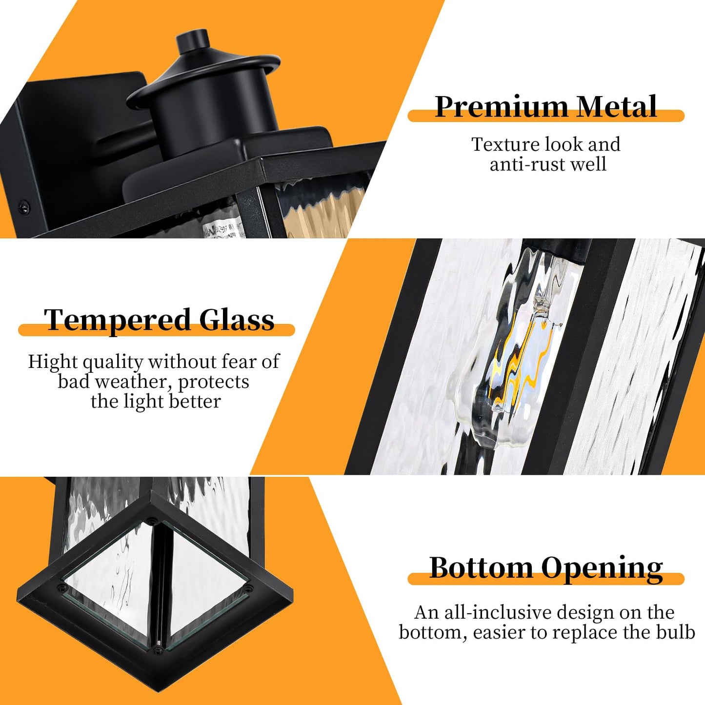 11.65'' Outdoor Light Fixture 2 Pack, Outdoor Wall Lights Exterior Wall Sconce with Water Ripple Glass, Waterproof Porch Light Lantern Wall Mounted, Modern Black Outside Lights for House Patio Garage