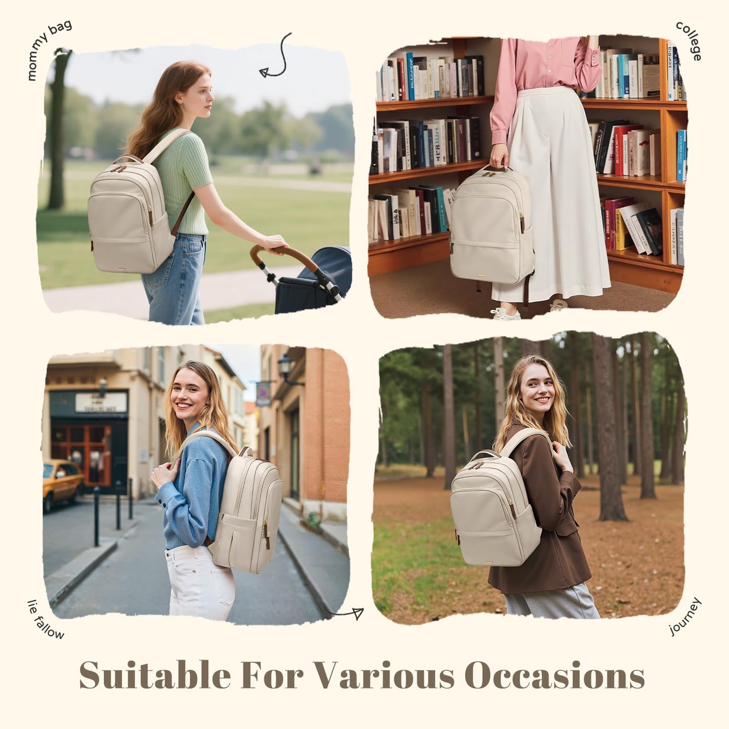 Multifunctional Laptop Backpack for Work Travel Leisure Water-Resistant Multiple Compartments Business Backpack for Women Fits 15.6 Inch Notebook (Apricot)