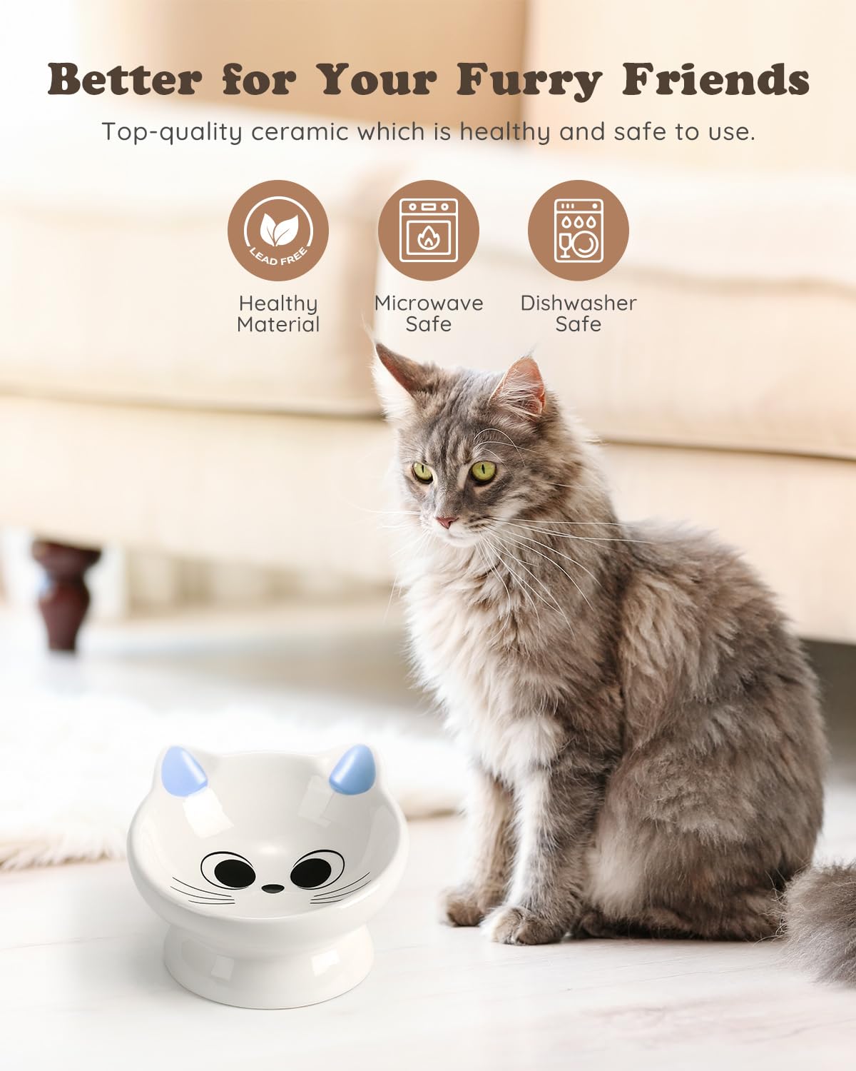 2Pcs Raised Cat Food Bowl Ceramic 15° Tilted Food Bowls Protect Cat's Spine Anti Vomiting Backflow Prevention Cat Bowls for Adult Kitten, and Small Dogs, Blue