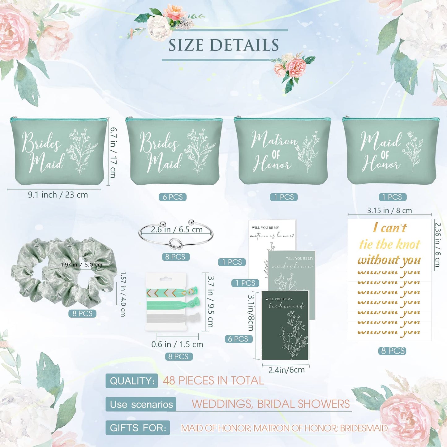 48 Pcs 8 Sets Bridesmaid Proposal Gifts Bulk Wedding Will You Be My Maid of Honor Matron of Honor Bridal Shower Makeup Bags Scrunchies Bracelets Cards for Wedding Bridesmaids(Green)