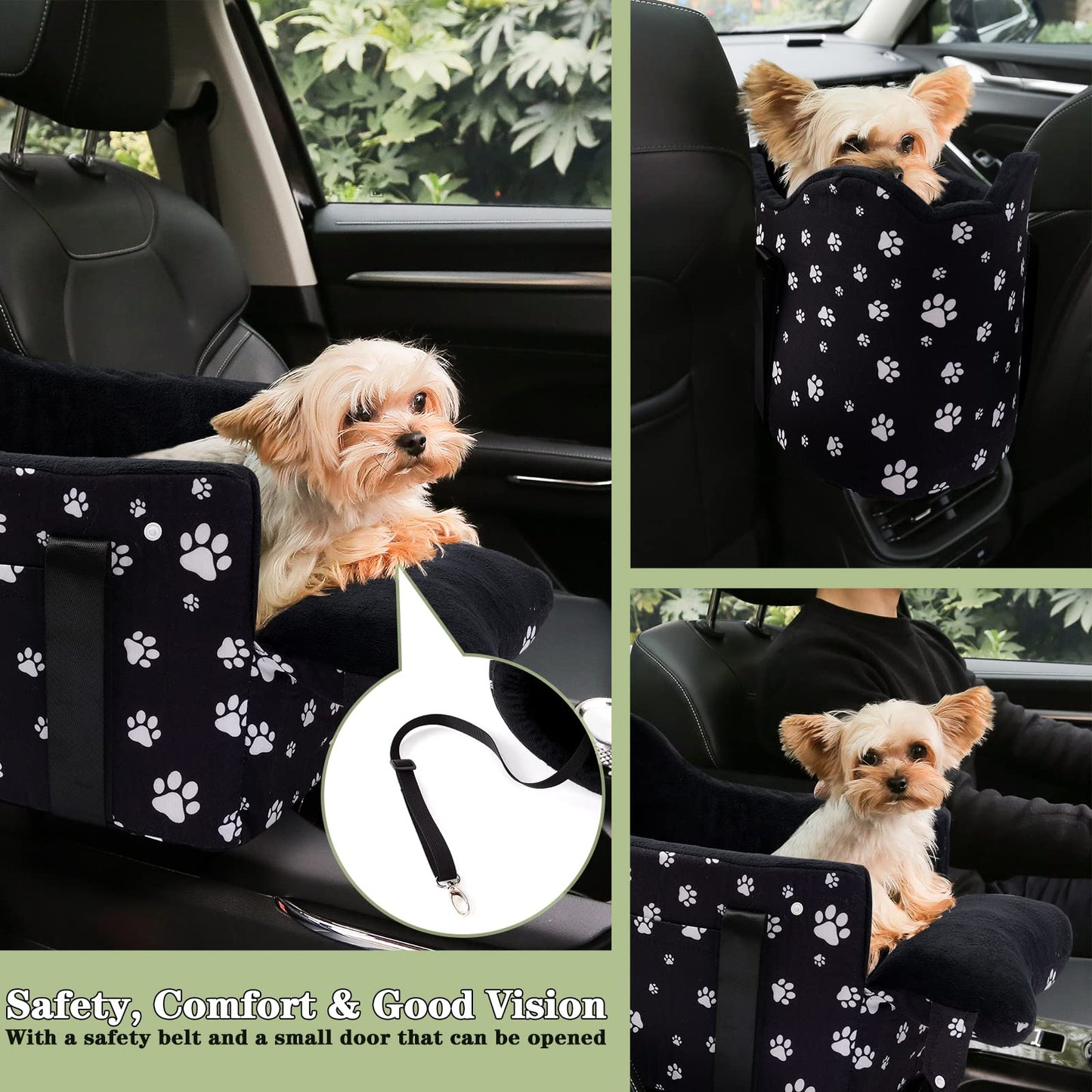 Cullaby Dog Car Seat for Small Dogs (Under 15 lbs) – Center Console Pet Carrier with Safety Belt, Storage Pockets & Removable Washable Cover (Black Car Seat)