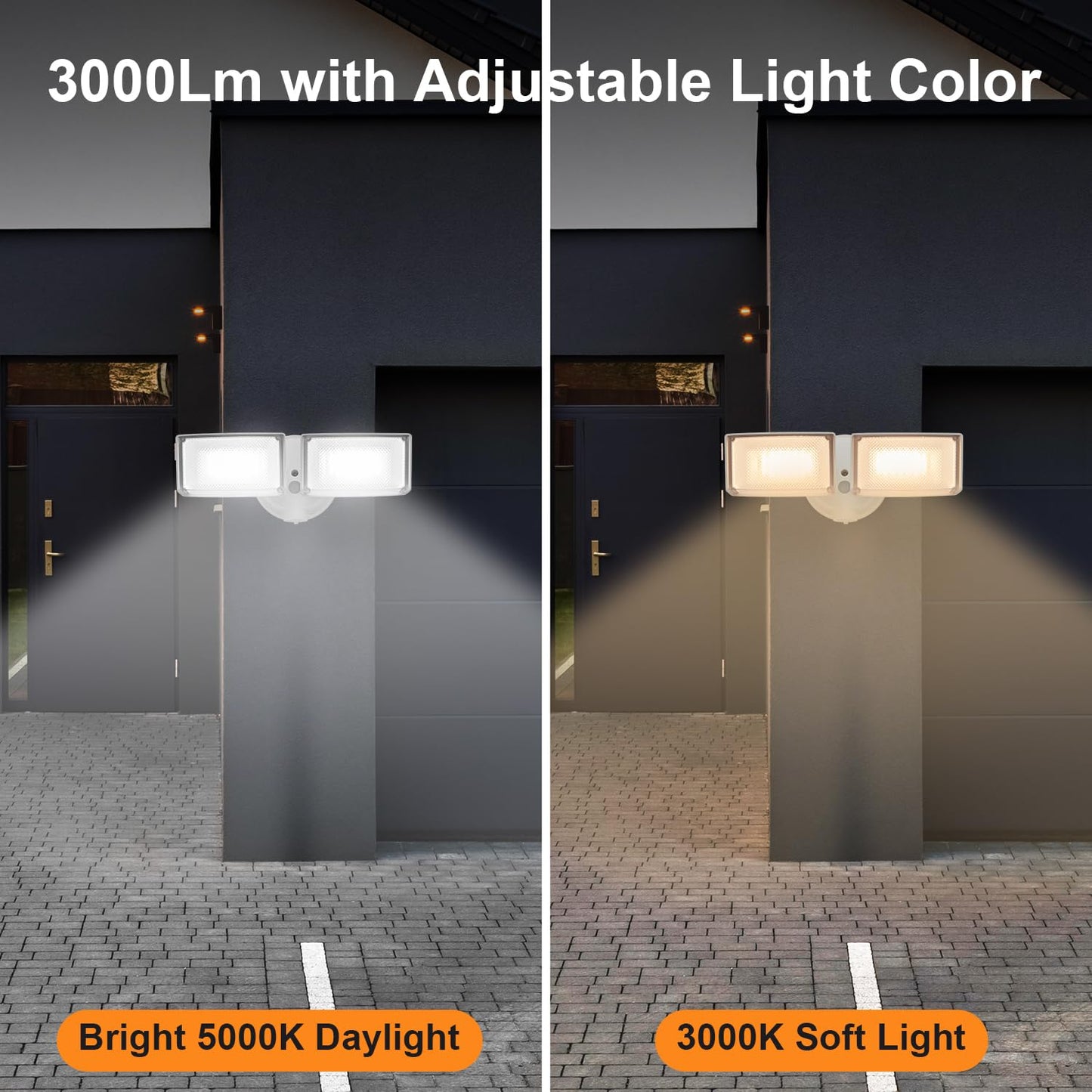 CELAVY 30W 3000 Lumen LED Dual-Head Flood Light Outdoor, Metal Exterior Metal Security Lights, 3000K/5000K Light, IP65 Waterproof Wall/Eave Mount Flood Light for Garage, Patio, Yard (White)