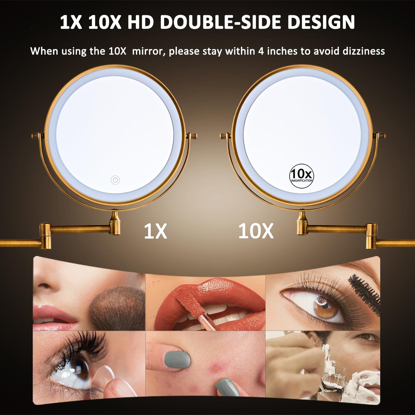 MIROAMZ Rechargeable Wall Mounted Lighted Makeup Vanity Mirror 8 Inch Double Sided 1X 10X Magnifying Bathroom Mirror, 3 Color Lighting, Touch Screen Dimming, 360 Rotation Shaving Mirror