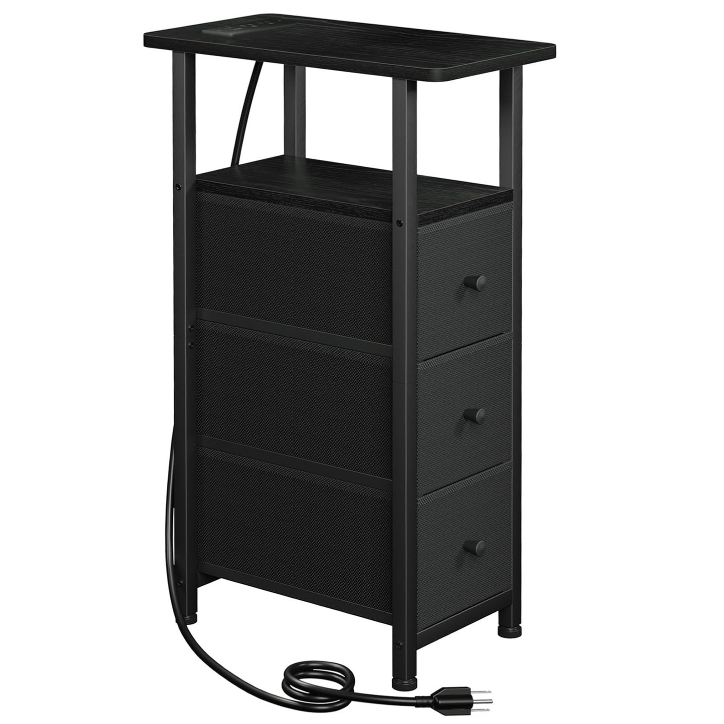 LOAKEKEL Narrow End Table Living Room with Charging Station, Skinny Side Table with Fabric Drawers, Slim Nightstand for Bedroom, Small Spaces, Couch, Black, HETNDP03BK-1
