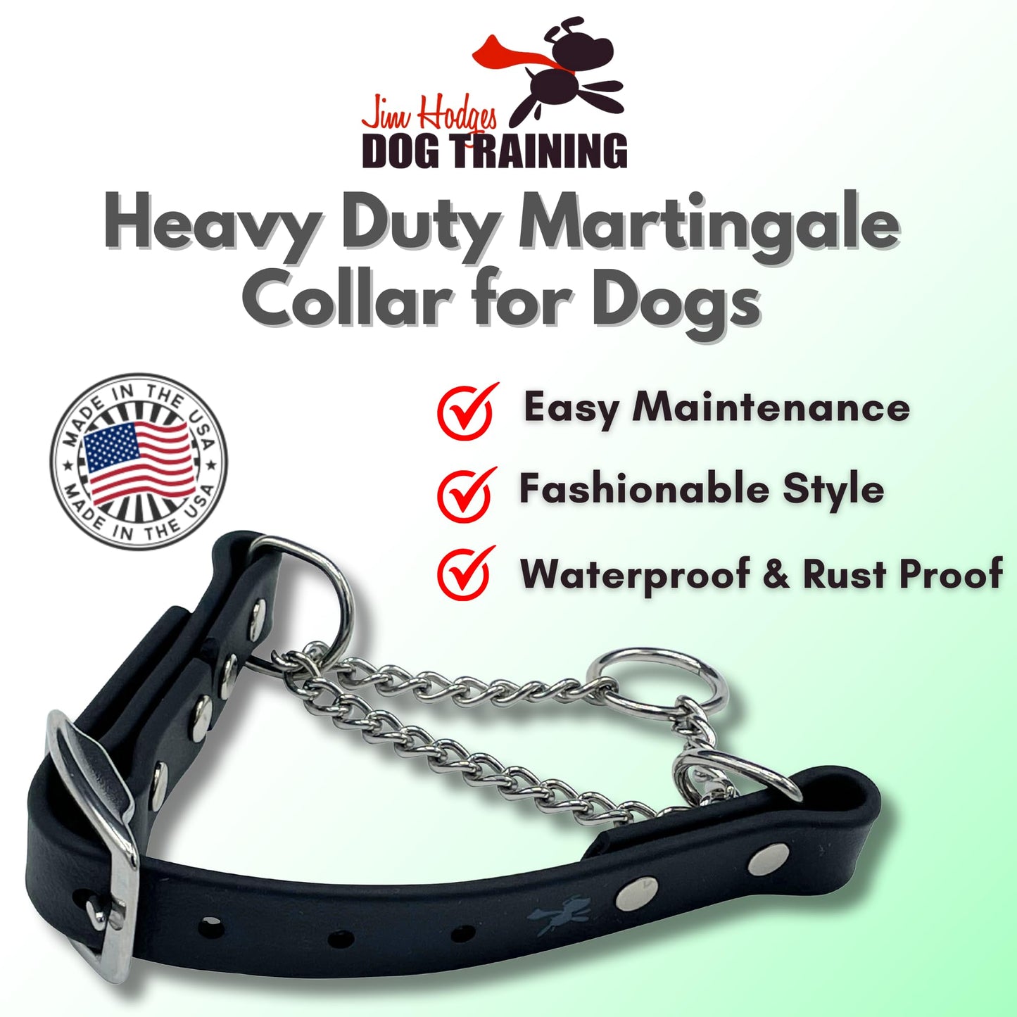 JIM HODGES DOG TRAINING Martingale Collar for Dogs, Biothane, Stainless Steel Hardware, No Pull, Made in The USA, Professional Grade. Large, Black