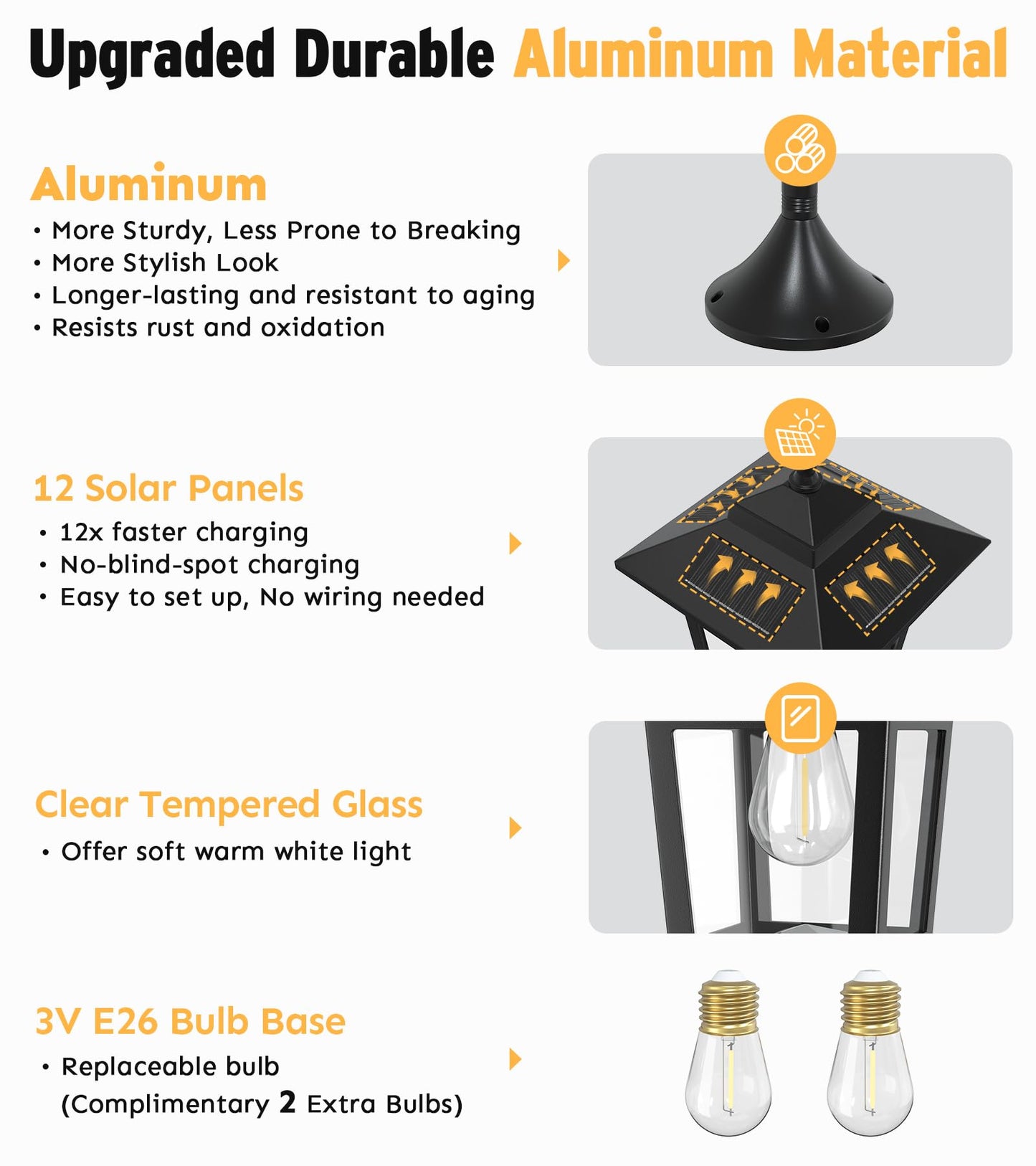 73" Aluminum Solar Lamp Post Light, 3-Head Solar Light Posts for Outside Waterproof, 90Lm Outdoor Lamps for Patio, Backyard, Front Porch Decor, Warm White, Replaceable Bulb