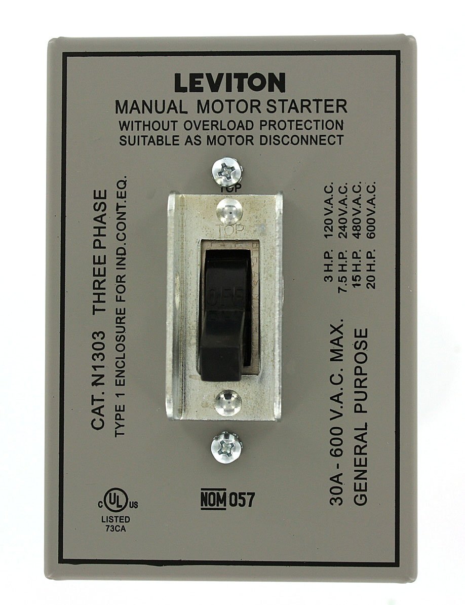 Leviton 30 Amp, 600 Volt, Toggle Three-Pole AC Motor Starter, Suitable as Motor Disconnect, in Type 1 Metal Enclosure, Industrial Grade, Grounded, N1303-DS, Gray
