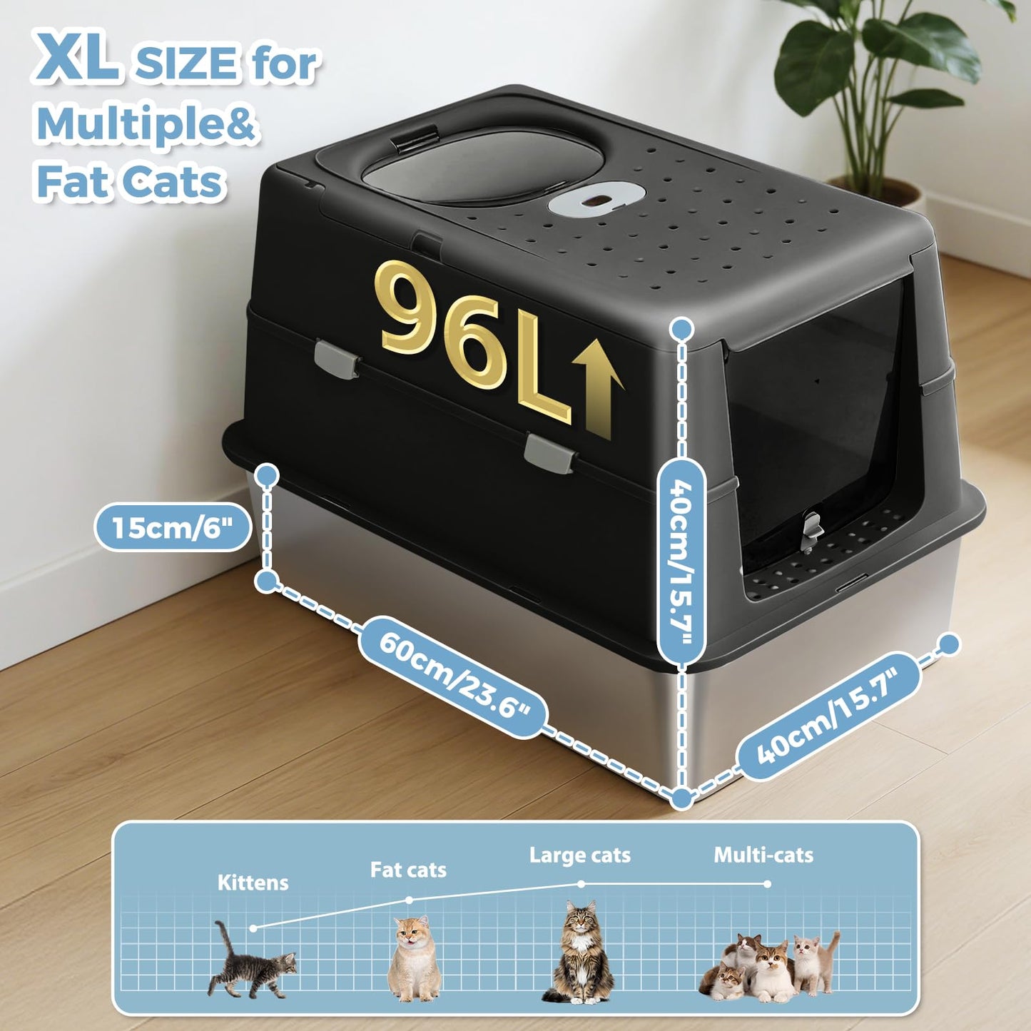 PAWZ Road Stainless Steel Cat Litter Box, Large Enclosed Litter Box with Front & Top Entry, Non-Sticky Metal Bottom with High Sides and Scoop, Easy to Clean, Anti-Leakage for Large Cats,Black