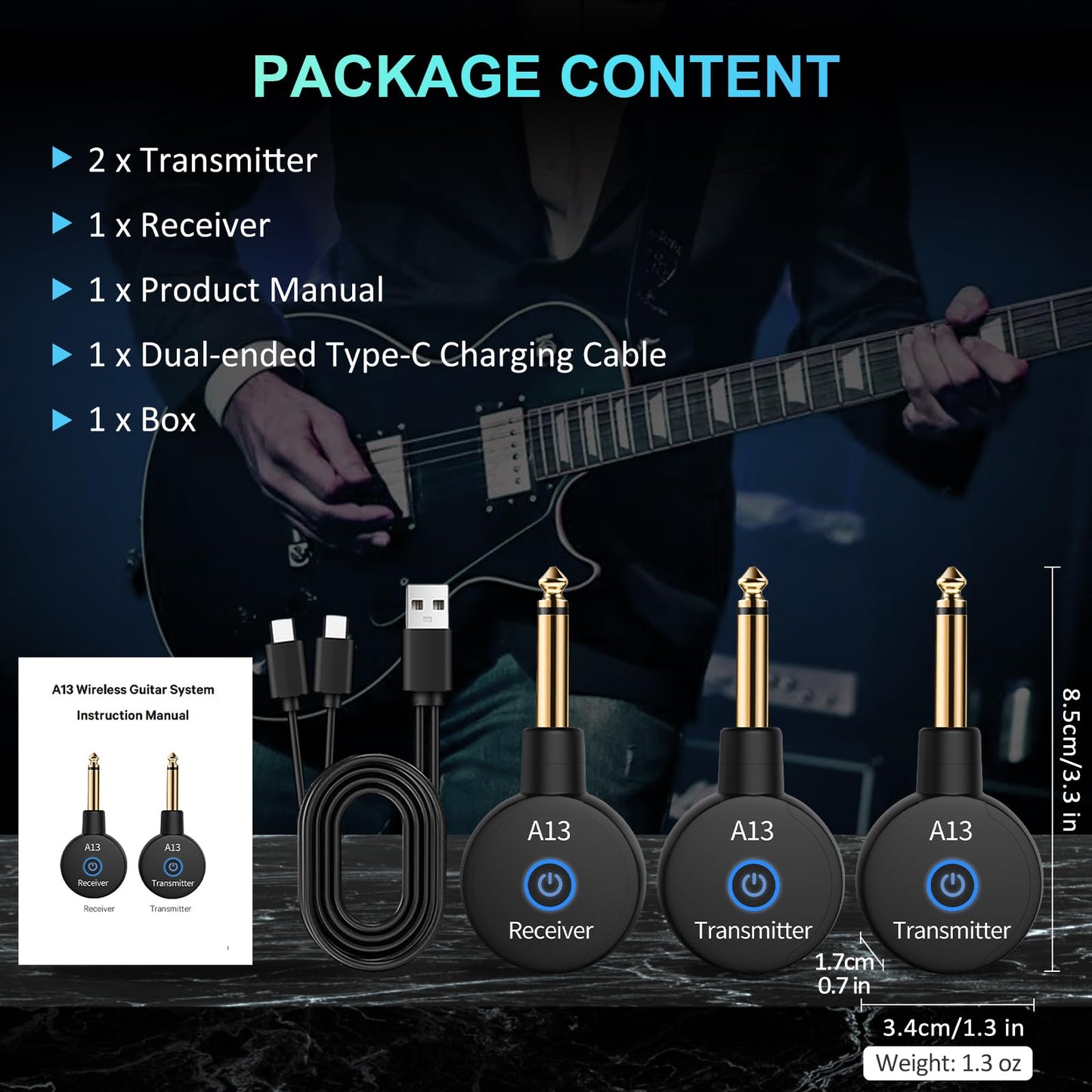 A13-2 Wireless Guitar Transmitters Receivers, Wireless Bass/Keyboard System, 2.4GHz Guitar Accessories, No Latency, 100ft Range, Rechargeable 5-Hour Battery, Plug & Play