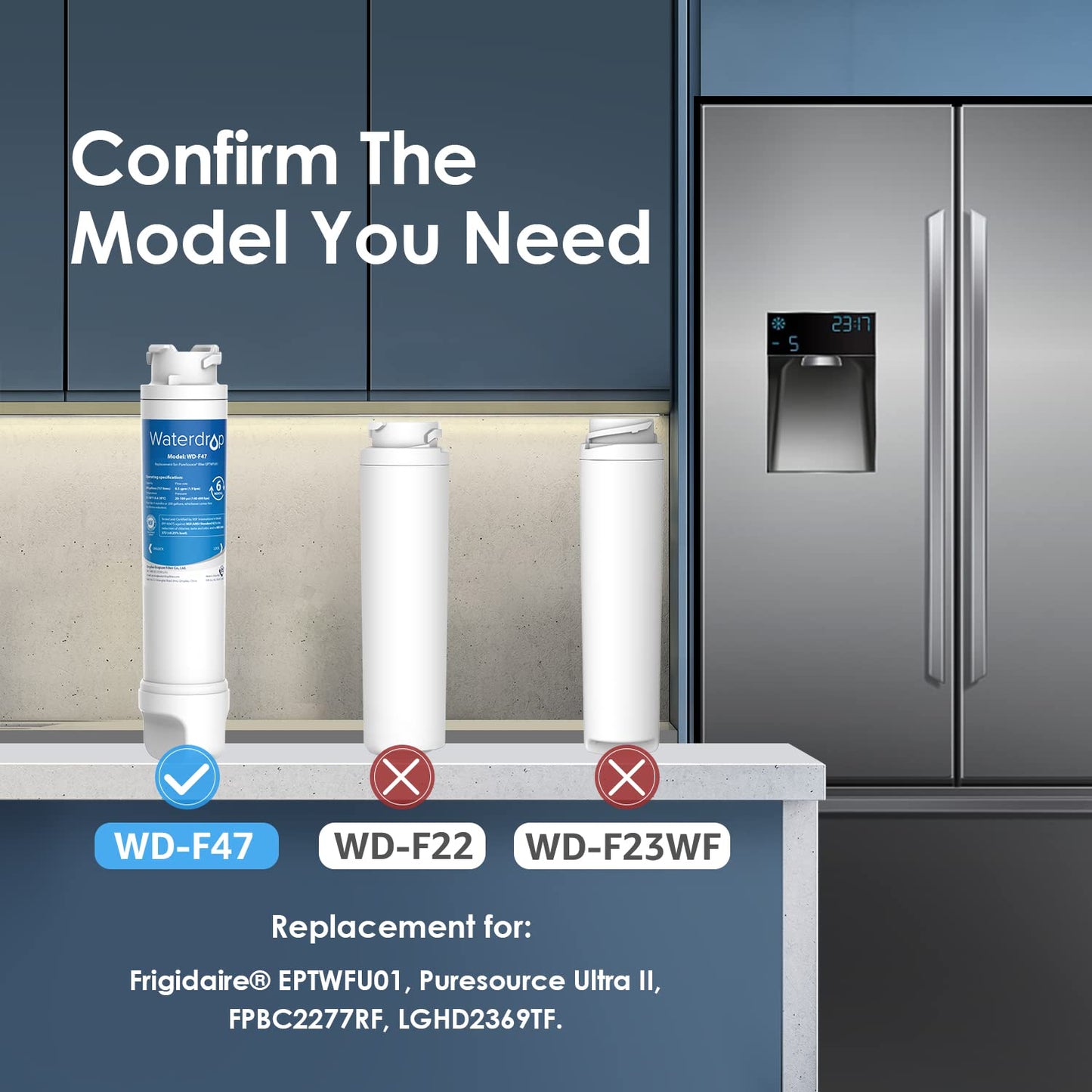 Waterdrop Refrigerator Water Filter Replacement for Frigidaire® EPTWFU01® Pure Source® Ultra II, FPBC2277RF, FPBG2277RF, FGHB2868TP, FFHD2250TD, FGSC2335TF, FGSC2335TD, LGHD2369TF, 3 Filters